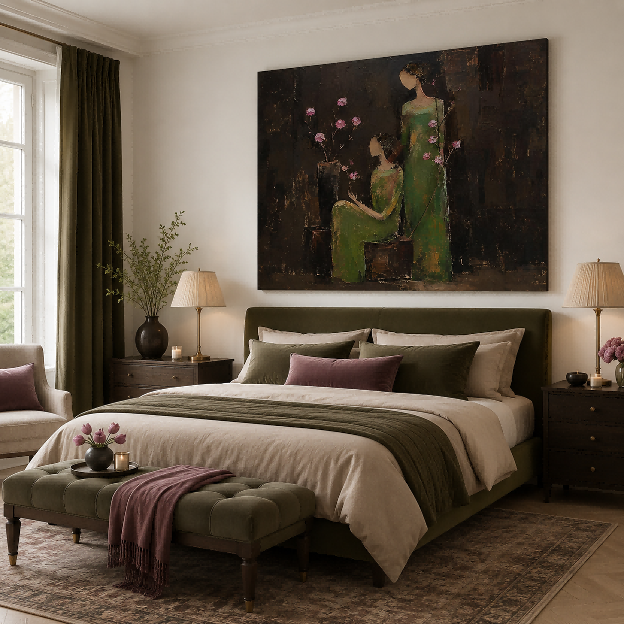 Vintage People Painting With Green Dresses And Pink Flowers For Living Room Wall Decor