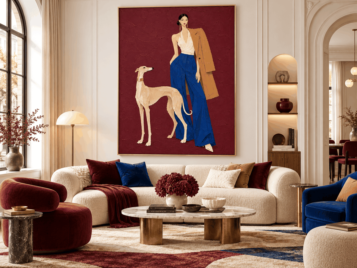 Fashion Woman And Greyhound Dog Canvas Painting In Burgundy Red
