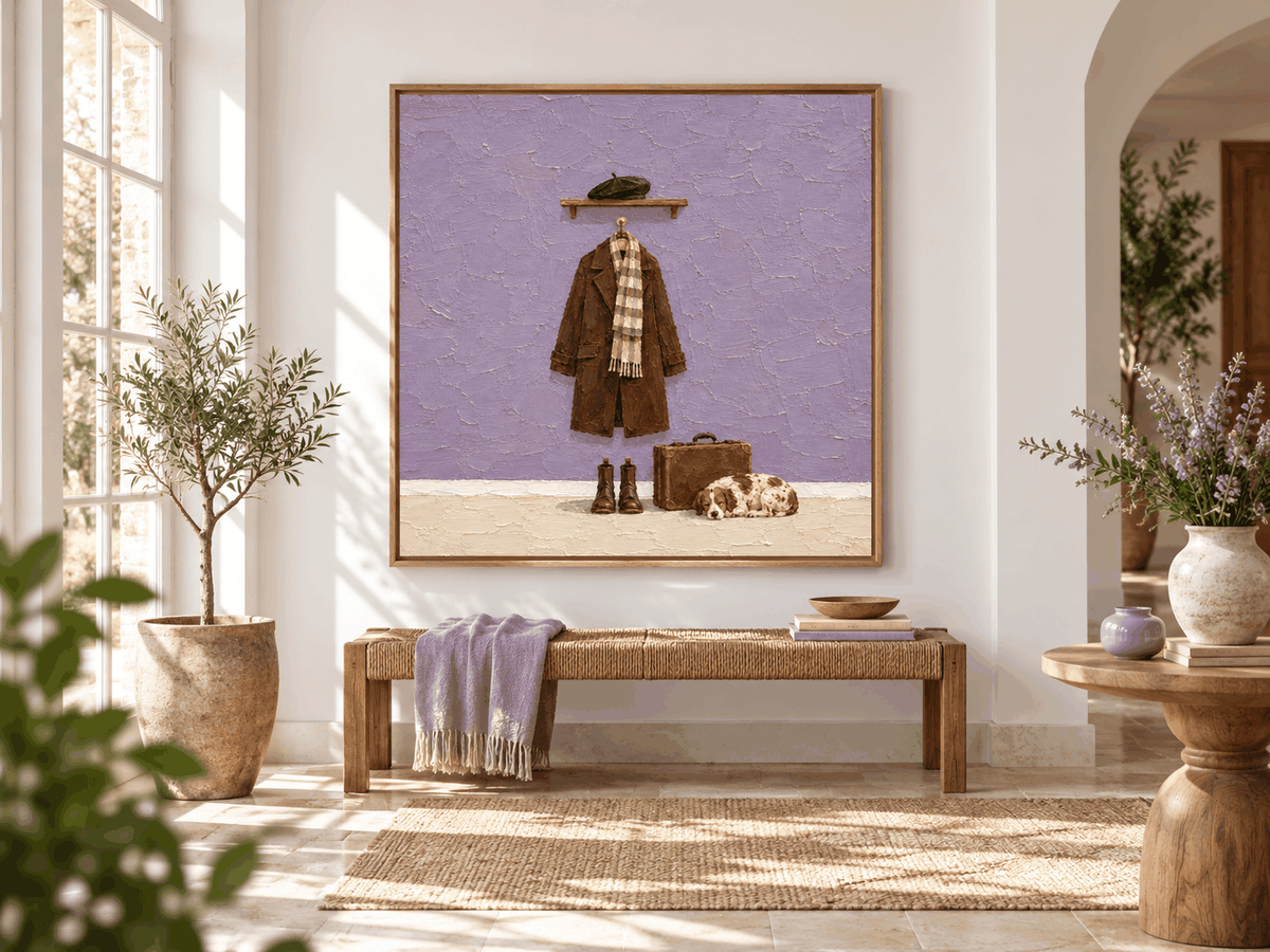 Vintage Dog And Coat Canvas Painting With Brown And Purple Tones
