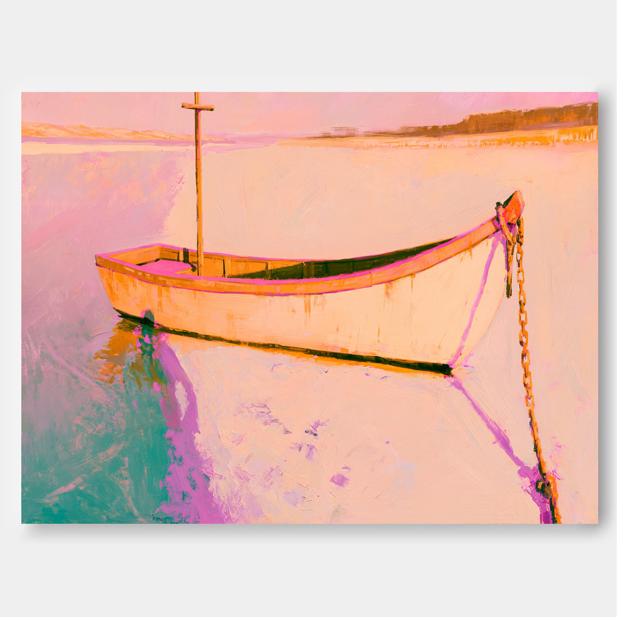 Hand-Painted Boat On Water Canvas Art With Pink Sunset