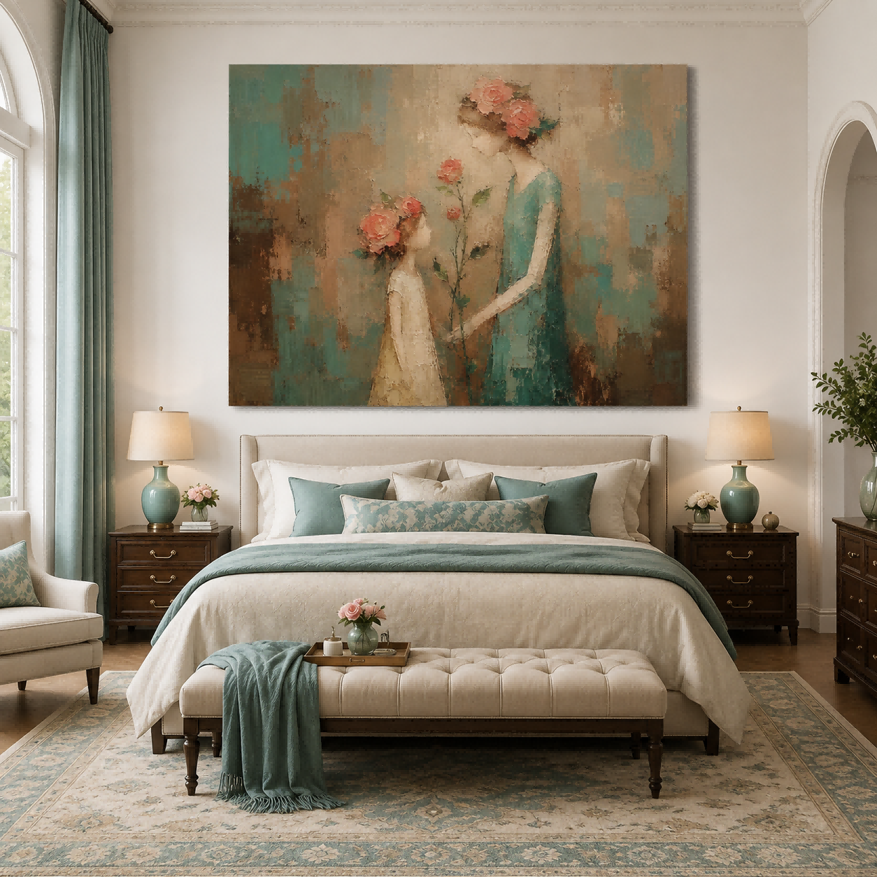 Hand Painted Impasto People Art With Soft Pink Flowers In Retro Style For Bedroom And Lounge Walls