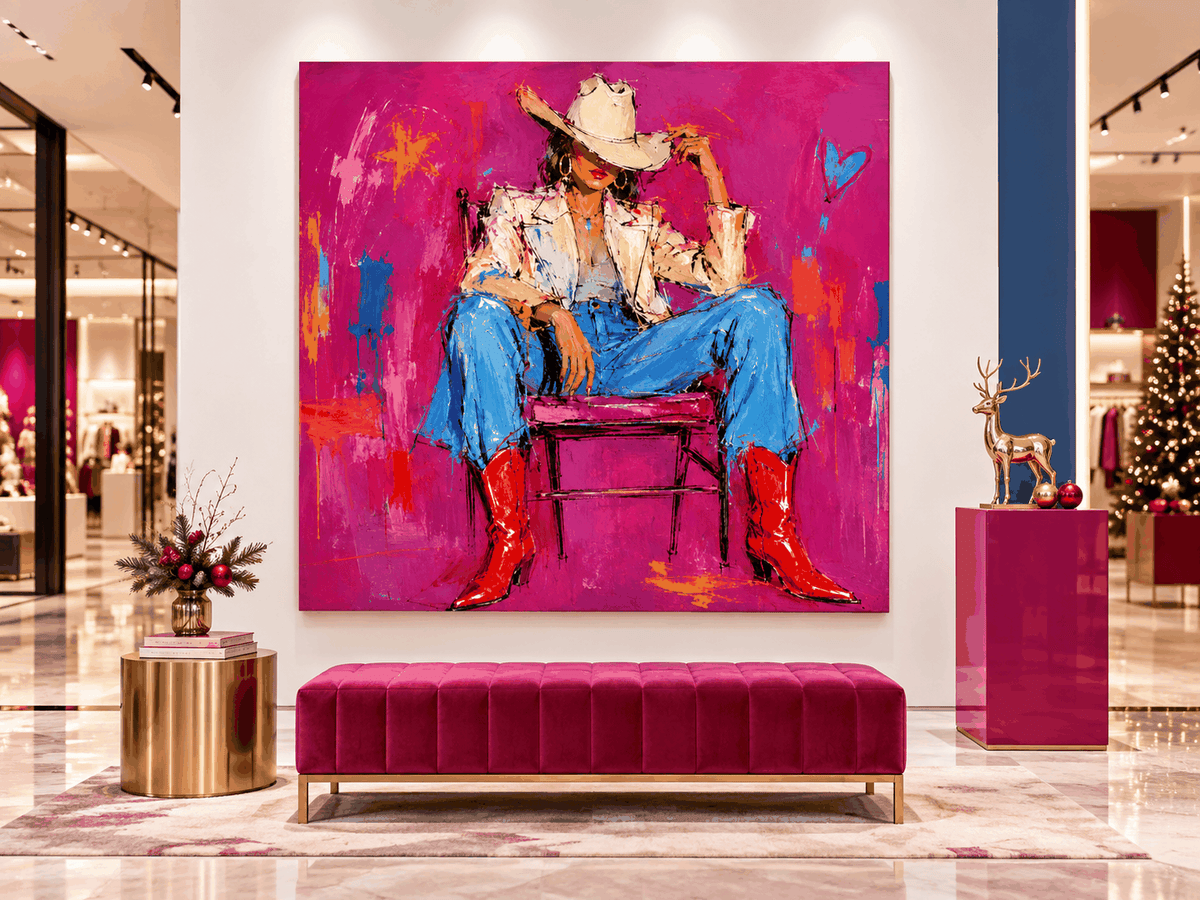 Vintage Pop Art Canvas Painting With Bright Magenta And Blue