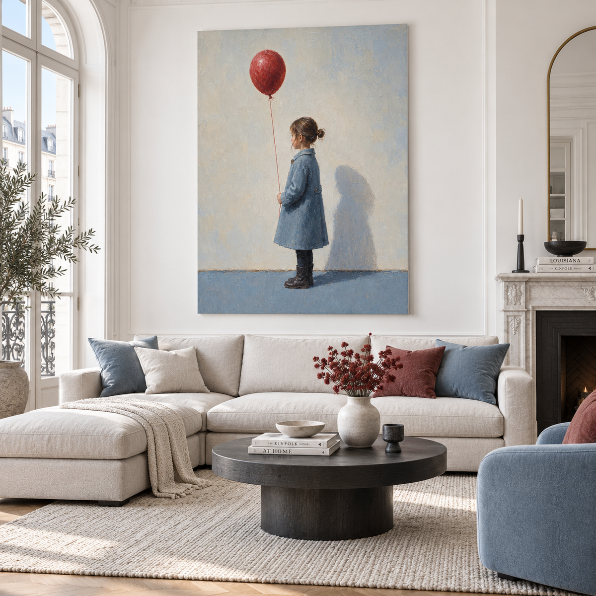 Abstract Naive Art Canvas Painting Red Balloon Gray Background Home Decor