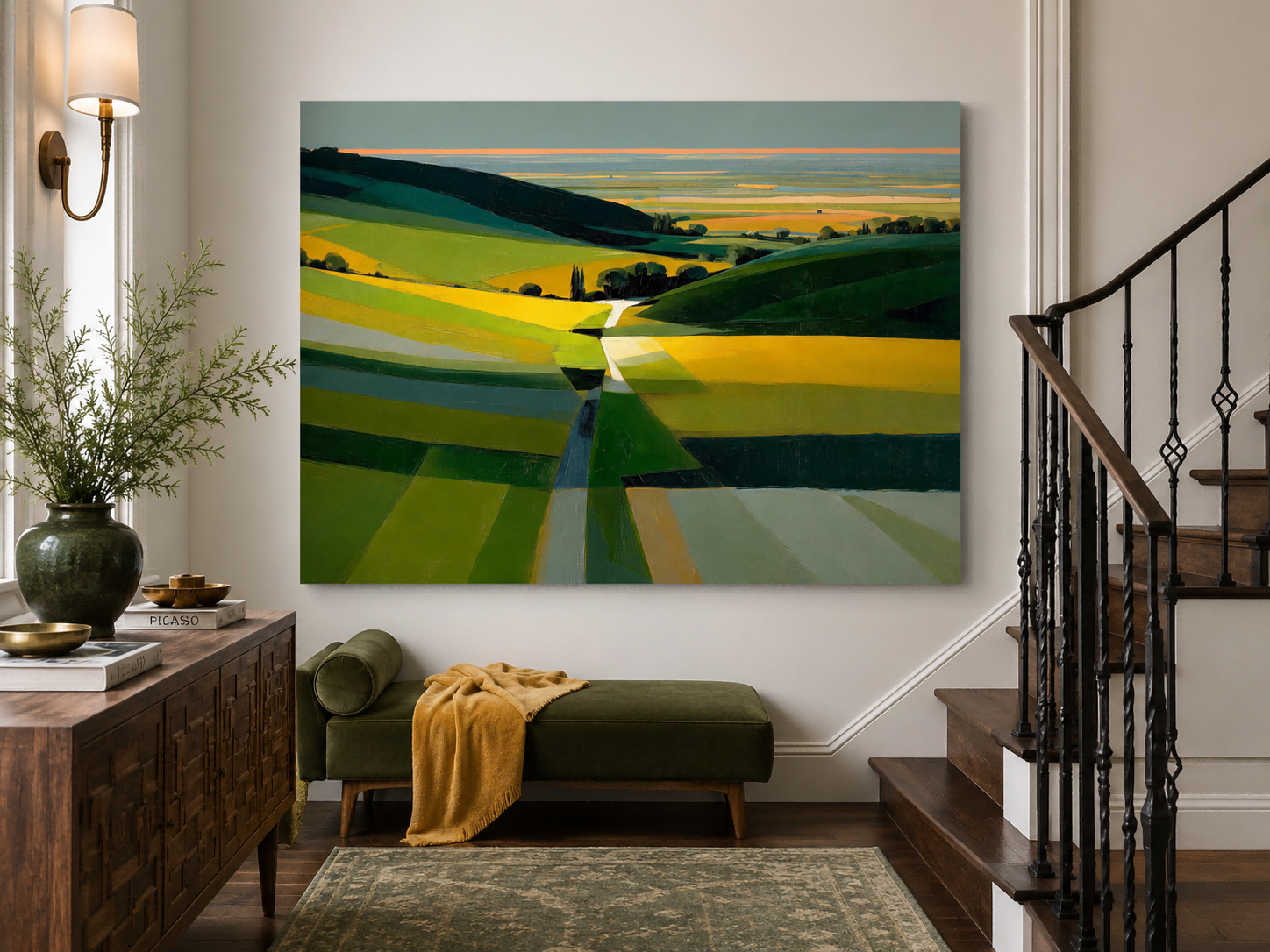 Modern Abstract Landscape Painting With Green And Yellow Fields For Living Room Decor