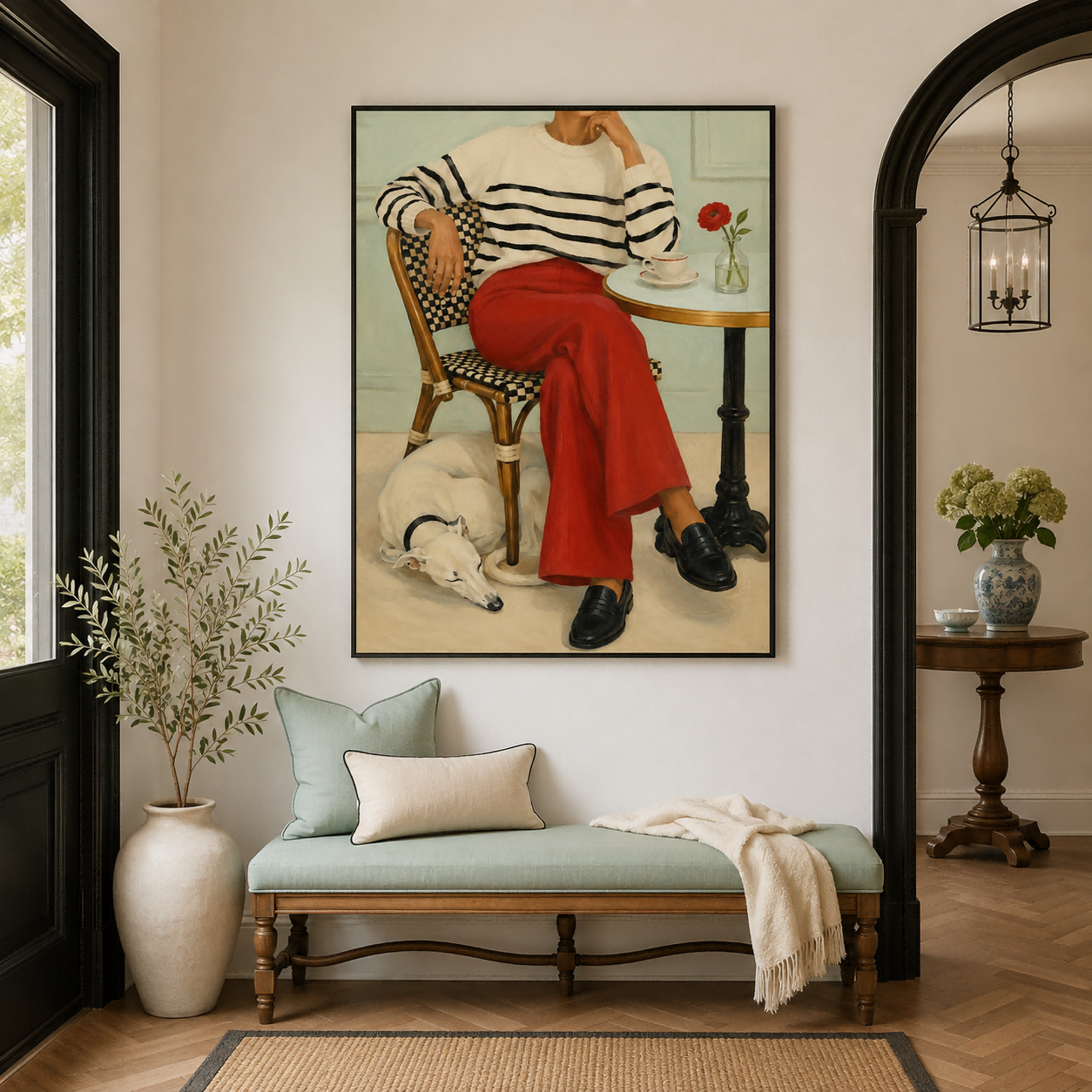 Modern Realist Portrait Of Woman And Pet Casual Elegance Hand-Painted Canvas Artwork