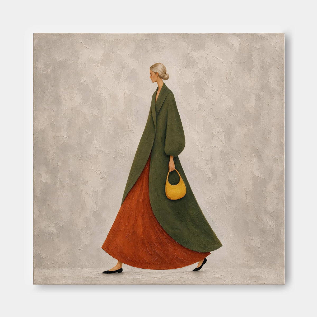 Hand-Painted Woman In Green Coat And Rust Skirt Canvas Art For Modern Home