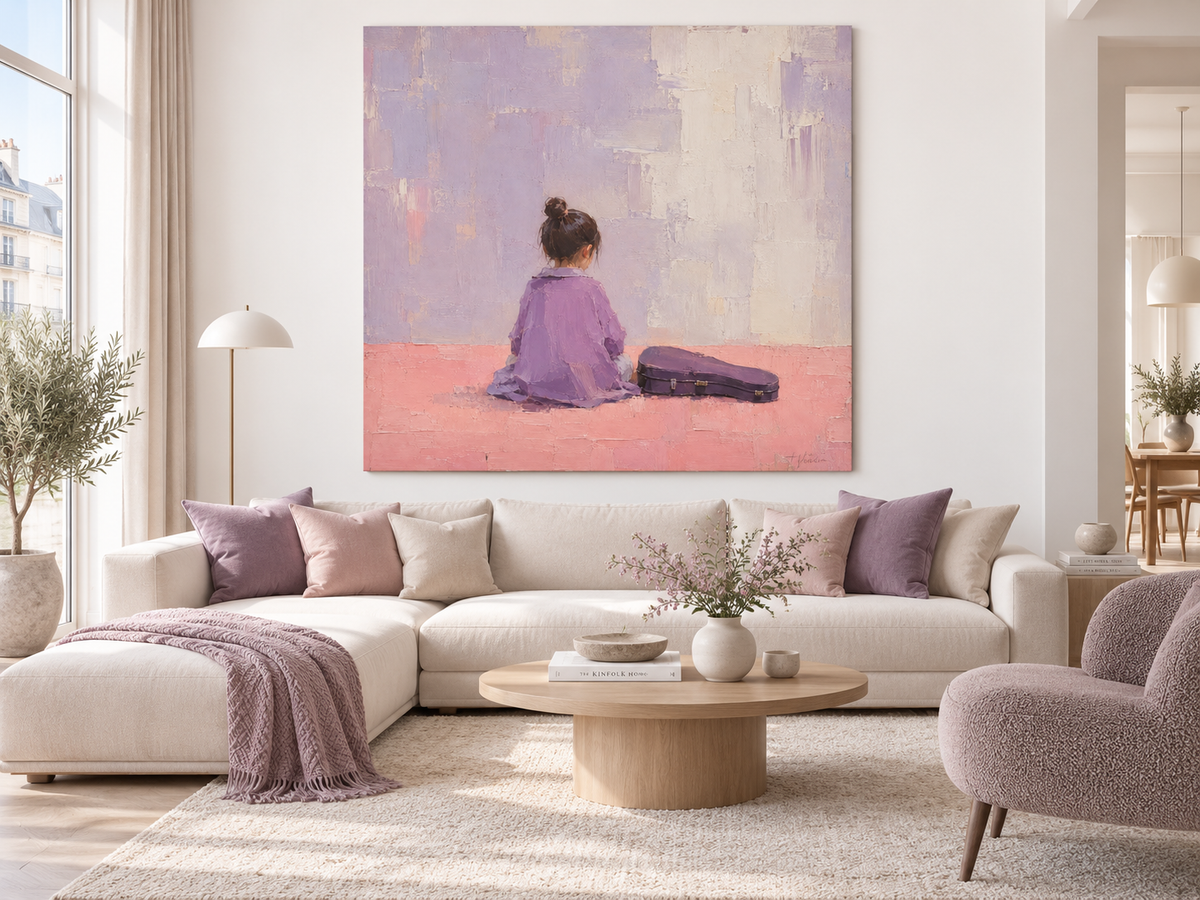 Abstract Modern Art With Girl Figure In Lavender And Blush Textured Canvas