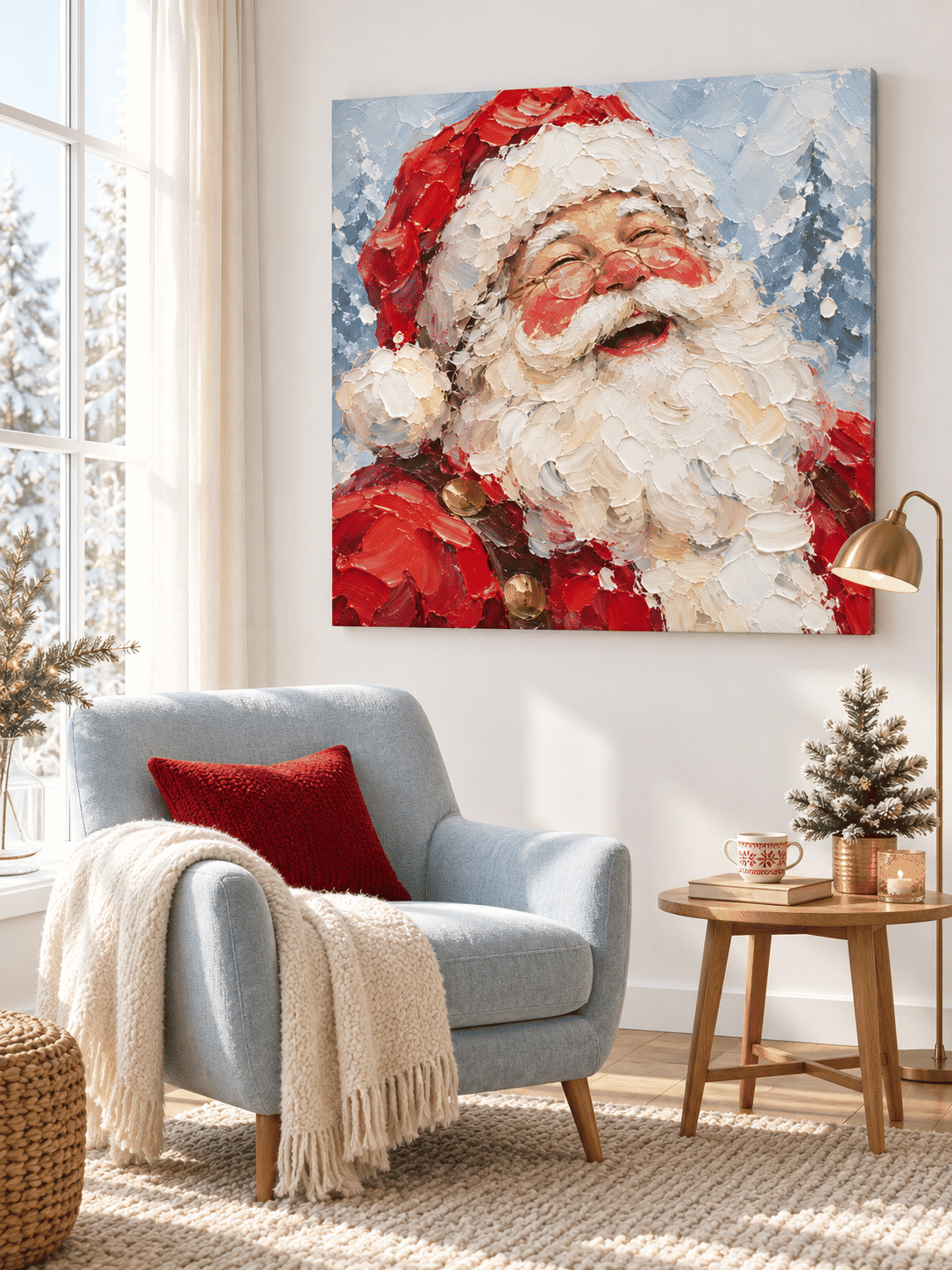 Hand-Painted Laughing Santa Portrait With Textured Red And Blue Canvas Art