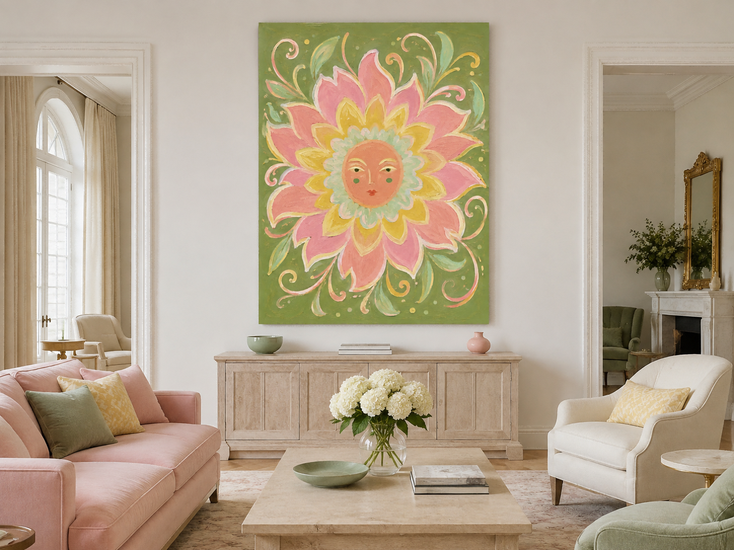 Art Deco Inspired Fantasy Flower Painting With Serene Sun Face Design