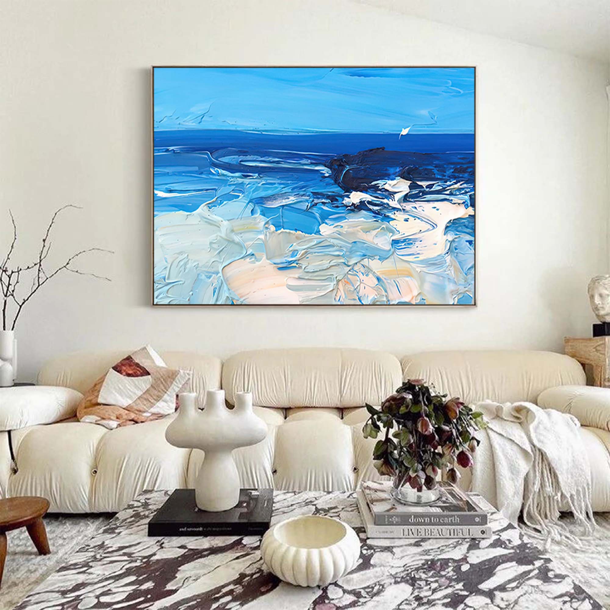 Blue Texture Ocean Abstract Oil Painting Large Ocean Beach Original Painting Ocean Canvas Wall Art Living Room Decor