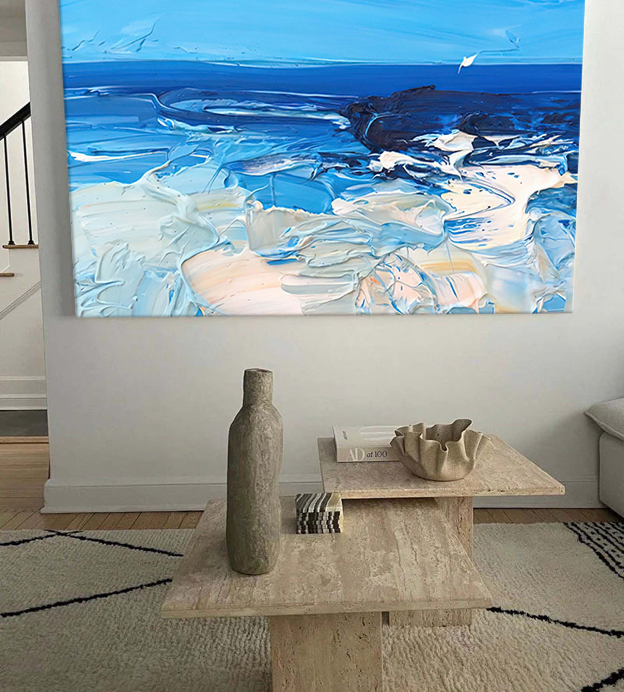 Blue Texture Ocean Abstract Oil Painting Large Ocean Beach Original Painting Ocean Canvas Wall Art Living Room Decor