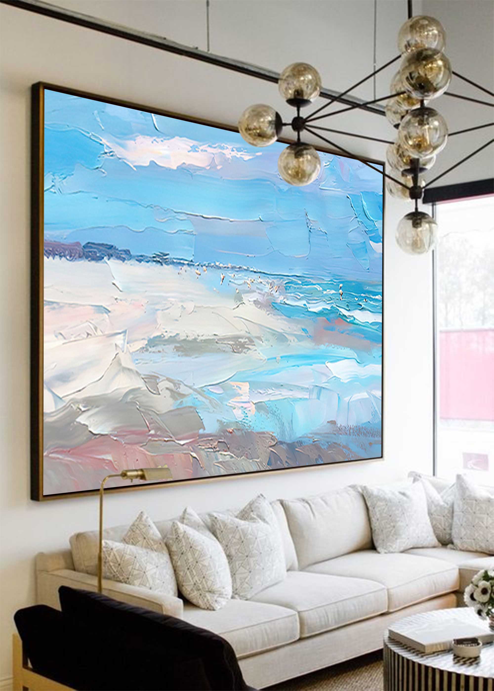 Original Blue Ocean Abstract Oil Painting Large Ocean Beach 3D Texture Painting Ocean Canvas Wall Art Living Room Decor