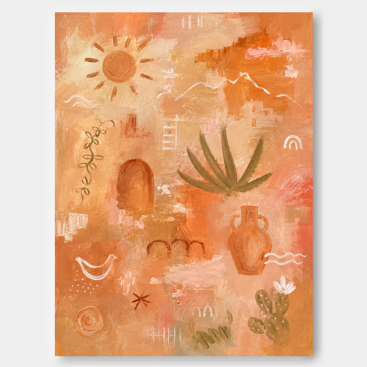 Modern Abstract Geometric Canvas Painting In Sandy Beige And Orange With Earthy Southwestern Aesthetic