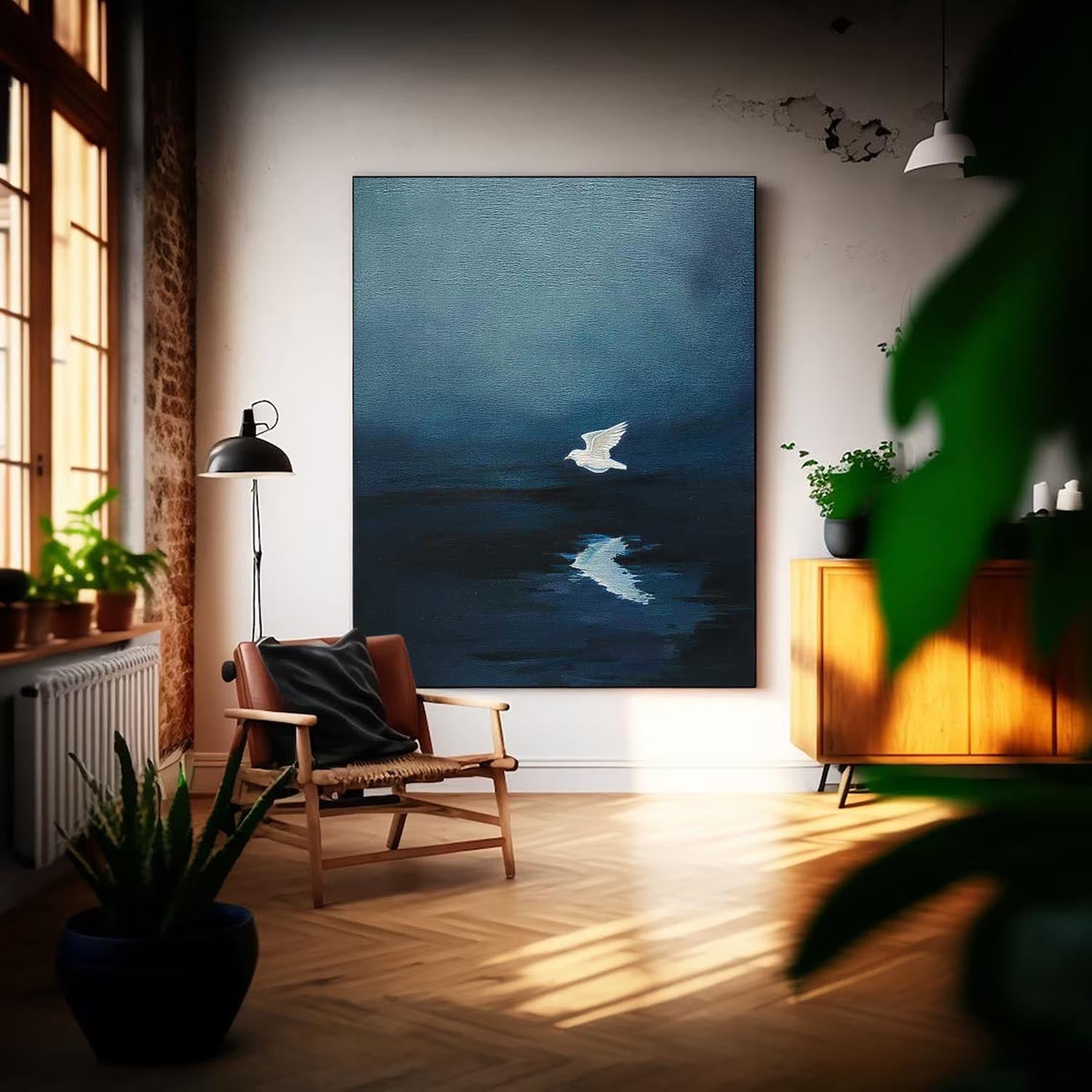 Large Blue Lake Surface Wall Art Minimalist Pigeon Abstract Canvas Oil Painting Original Hand-Painted Artwork