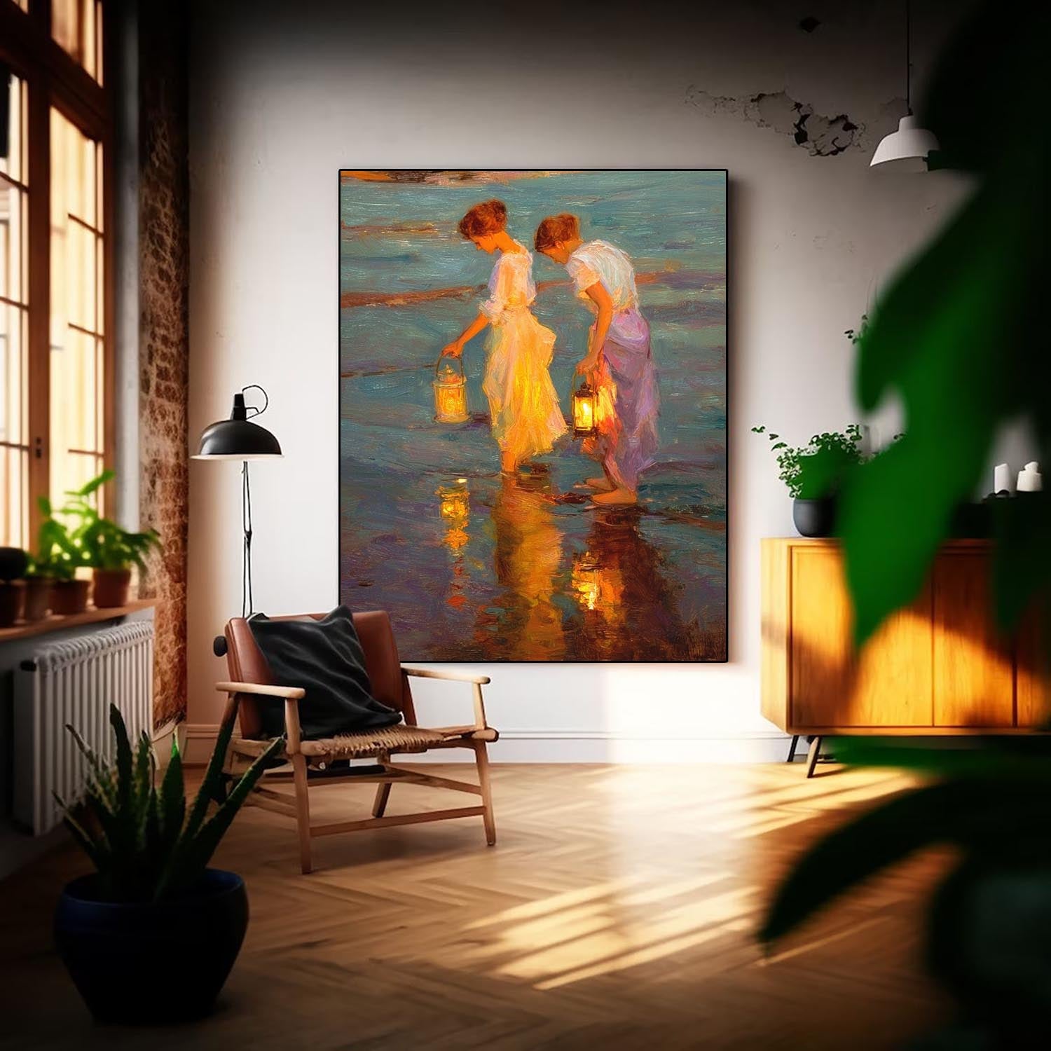 Coastal Oil Painting Two Women With Lanterns By Sea Shore At Dusk Vintage Glow & Water Reflections Wall Art