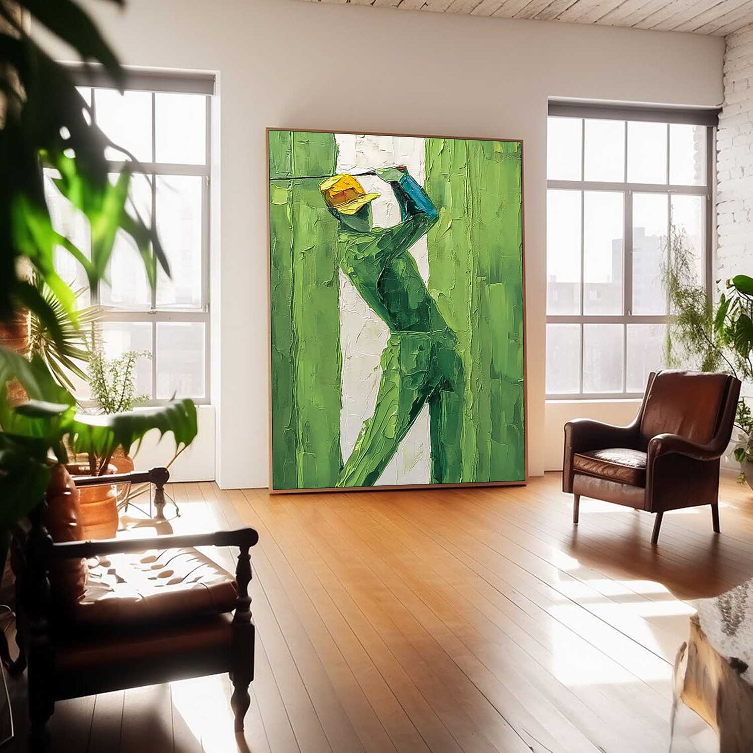 Large People Wall Art Abstract Playing Golf Oil Painting Canvas Original Golf Sports Artwork Home Decor、