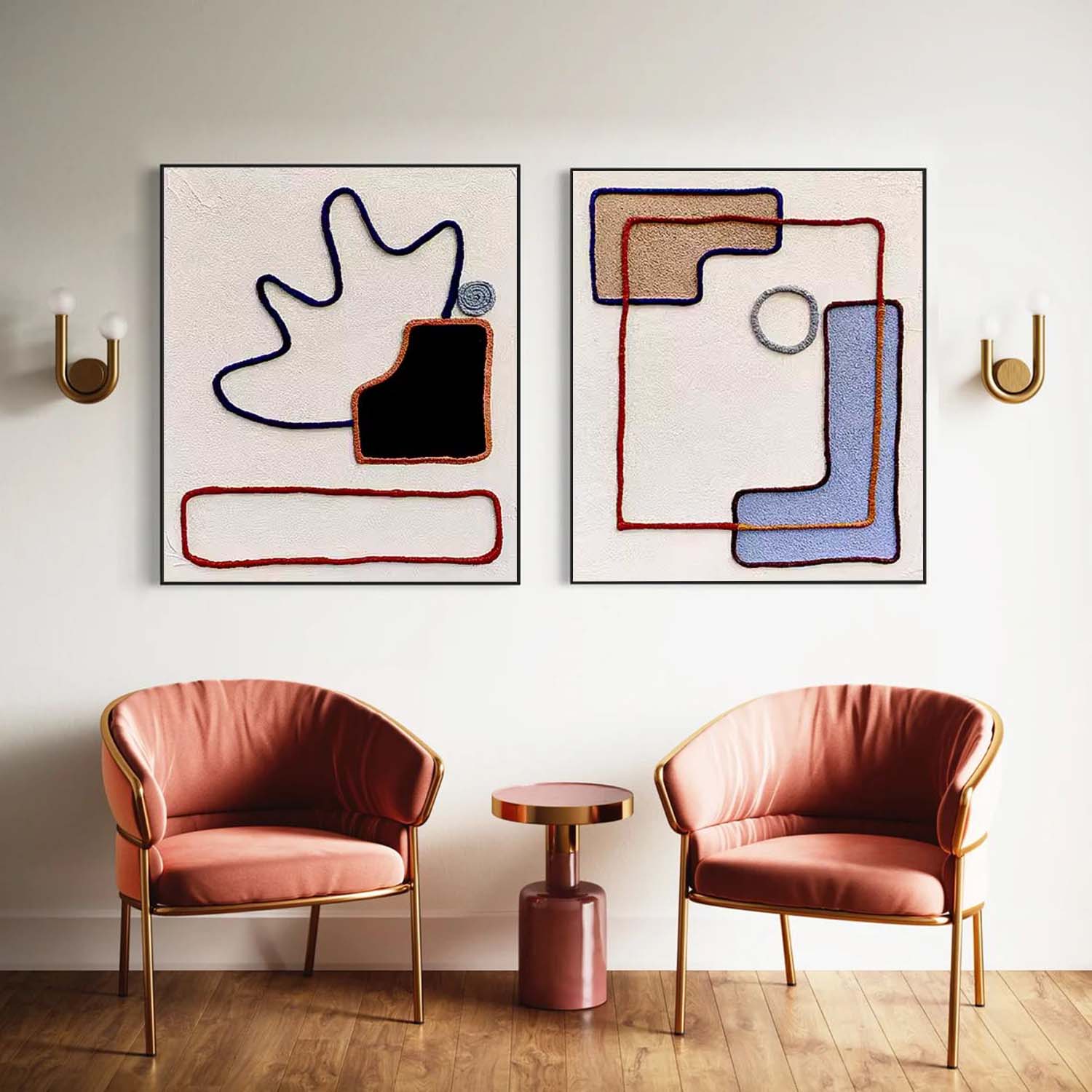 Set of 2 Large Abstract Square Original Minimalist Lines Oil Paintings On Canvas Modern Wall Art Home Decor