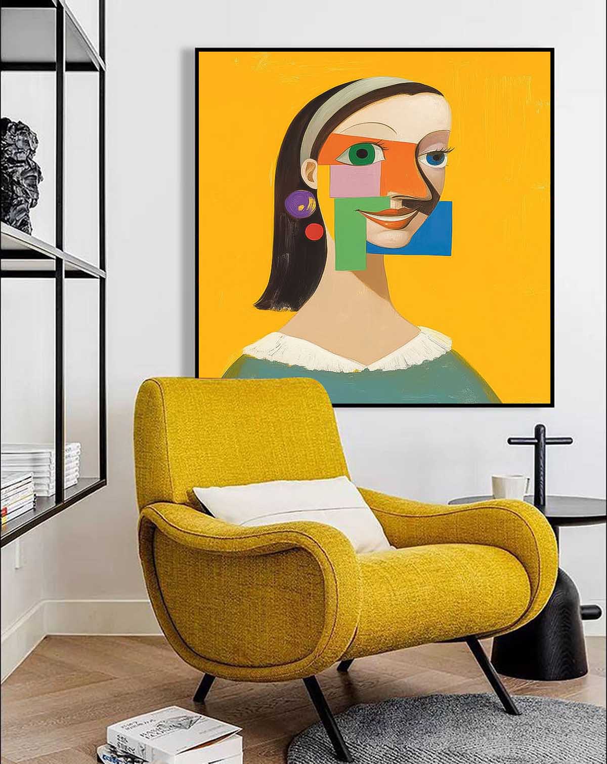 Origina Woman Acrylic Painting Canvas Abstract Geometric Face Lady Wall Art Square Large Girl Artwork