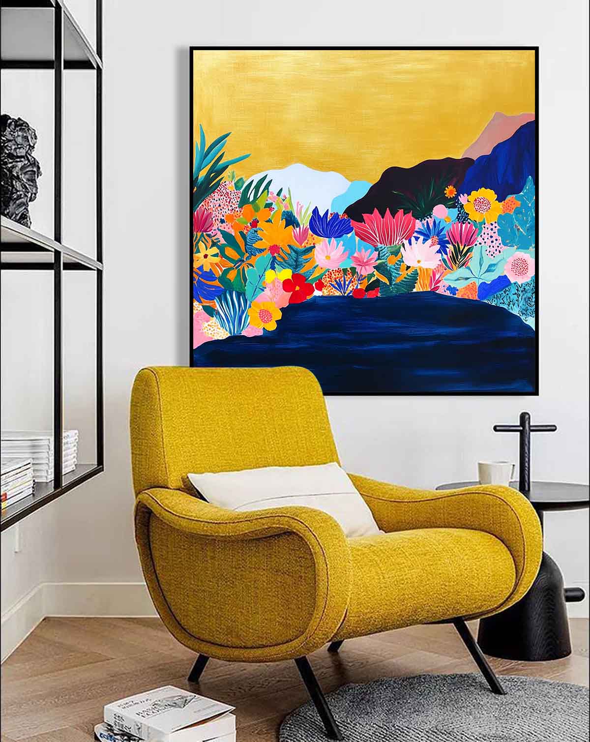 Large Illustration style Wall Art Floral Painting on Canvas Original Flower Bush Botanical Square Artwork