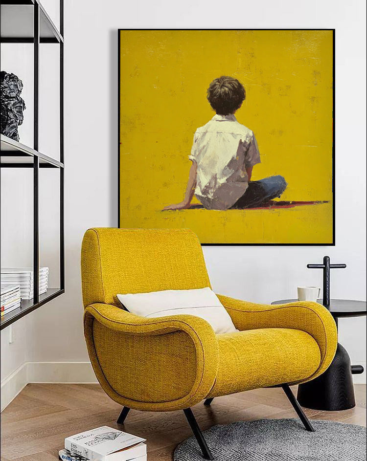 Minimalist Boy View Of Back Painting Bright Yellow Wall Art Abstract Warm atmosphere Art For Living Room