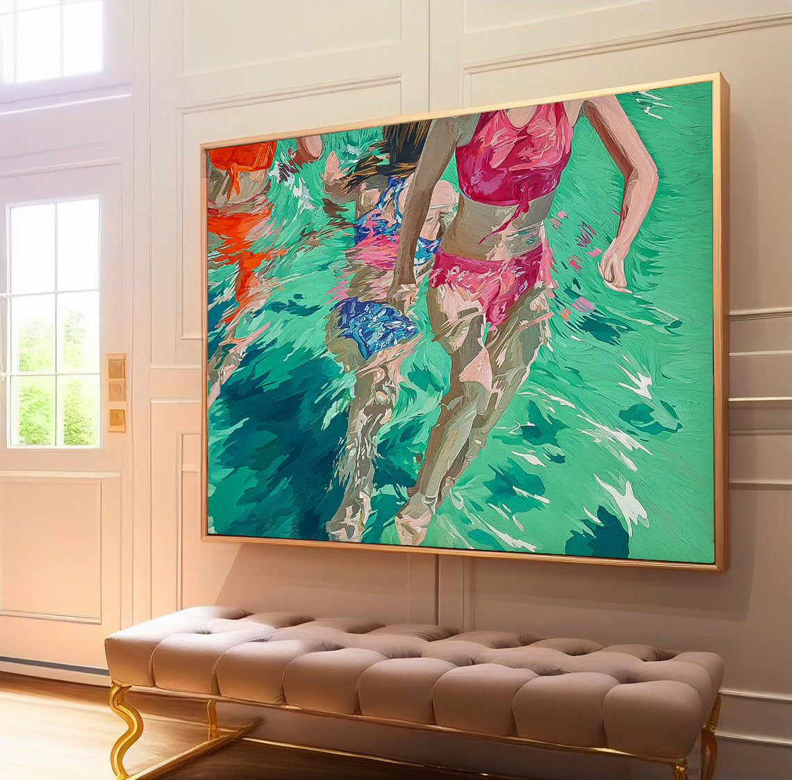 Original Girl Diving Oil Painting Diving In Ocean Sensual Woman Swimming Wall Art Abstract Colorful Artwork