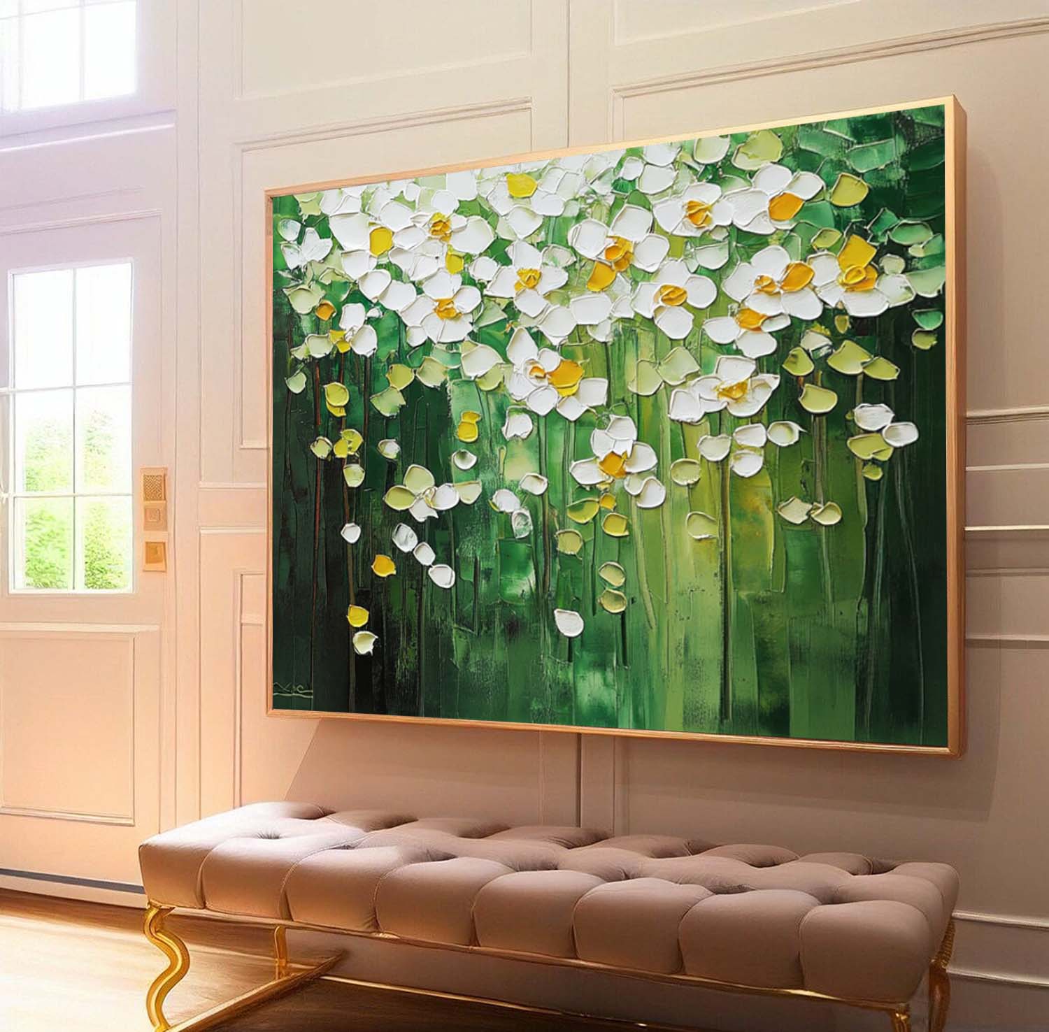 Horizontal Flower Beauty Texture Artwork Original Abstract Green Oil Painting On Canvas Home Decor Gift