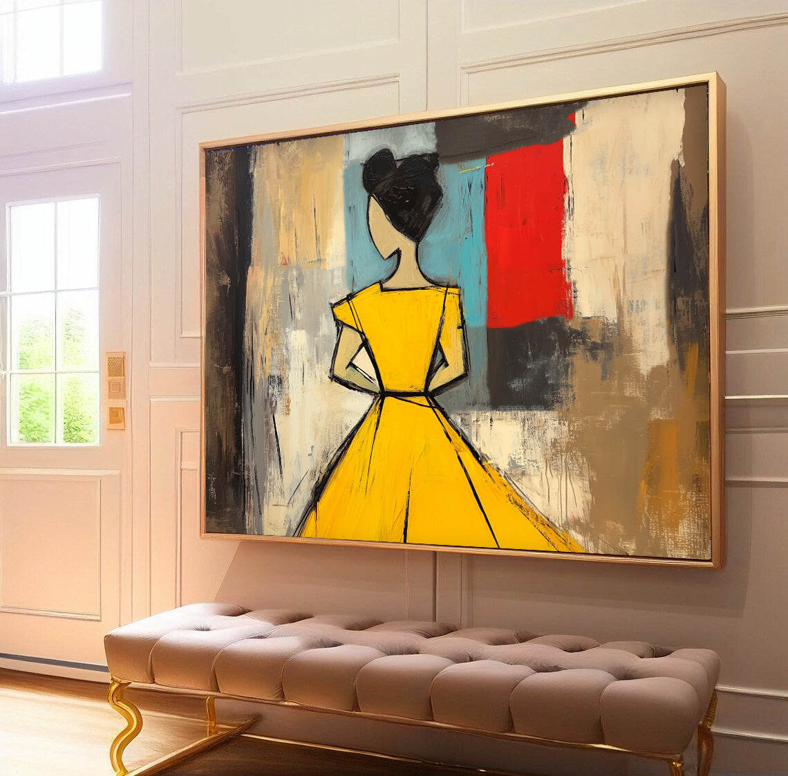 Contemporary Horizontal Wall Art Modern Minimal Abstract Lady Oil Painting Yellow Figure Contour Home Decor