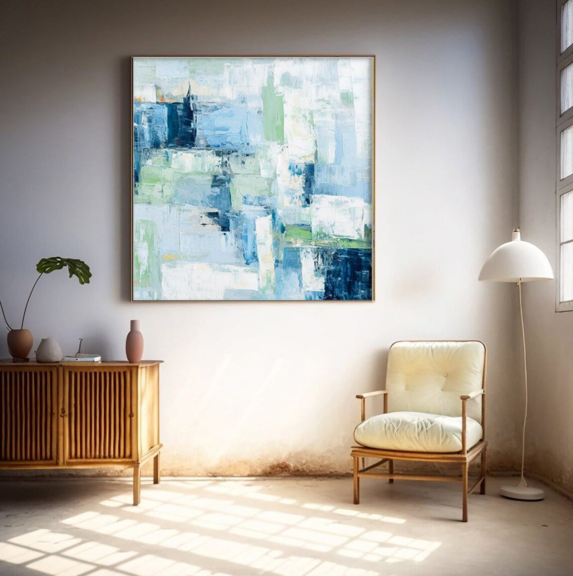 Square Abstract Fine Art Canvas Bright Blue Original Modern hand painted wall art Home Decor