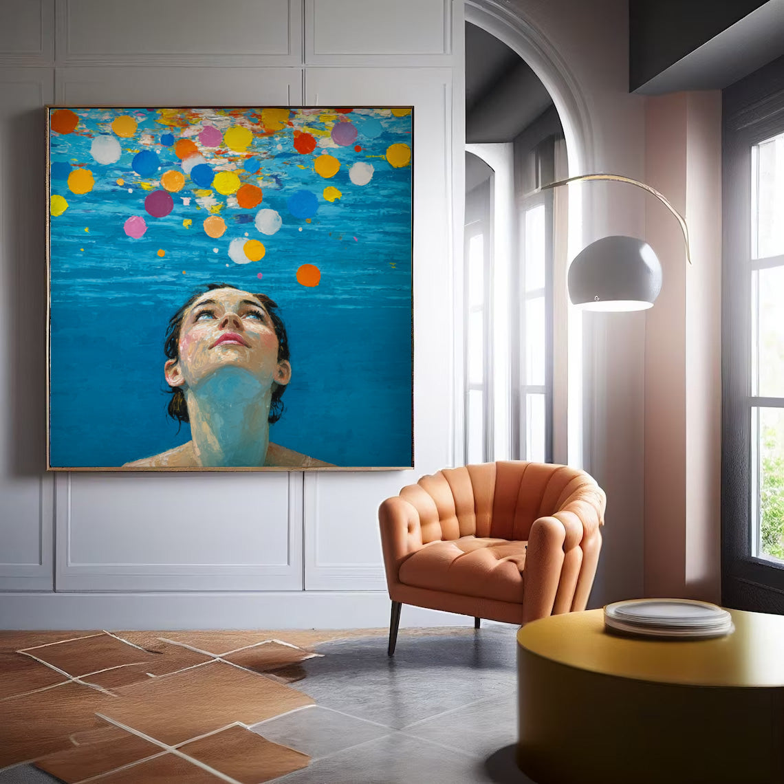 Diving Oil painting Blue Abstract Swimming Girl Wall Art Diving in Ocean Woman Handmade Canvas Artwork