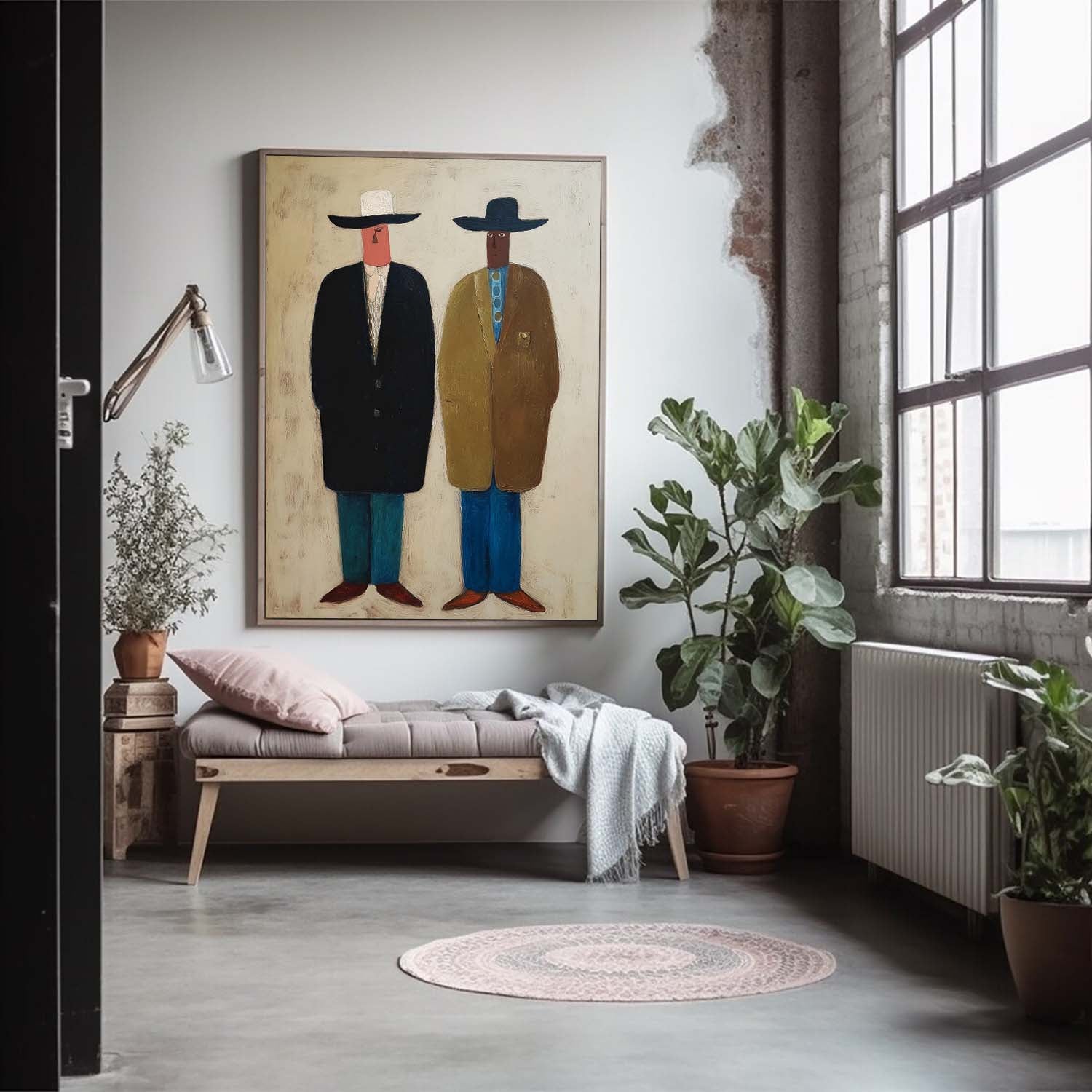 Two Figures In Cowboy Hats Retro Minimalist Wall Art Modern Abstract Painting Unique Artwork Home Decor