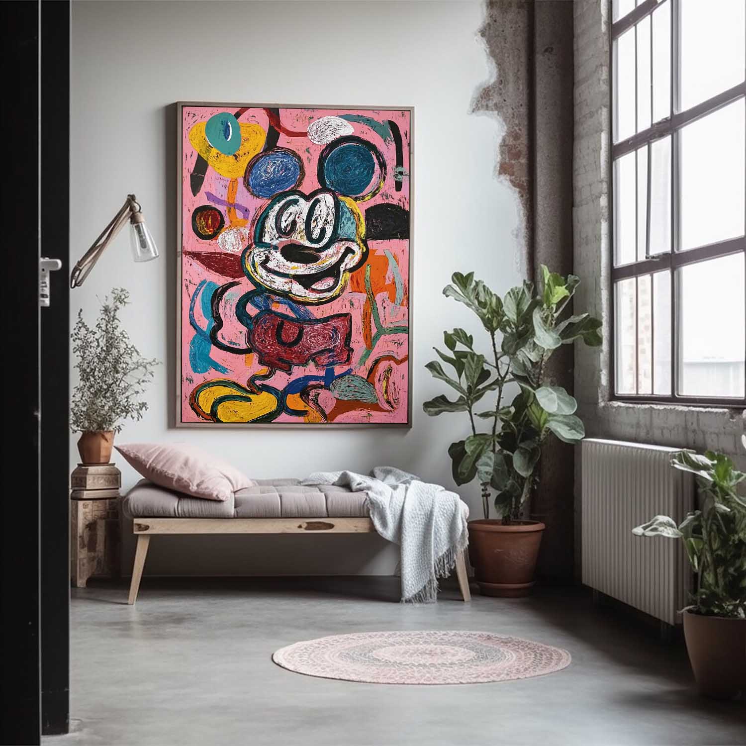 Abstract Mickey Painting Canvas Large Graffiti Cartoon Figure Wall Art Pink Original Features Artwork