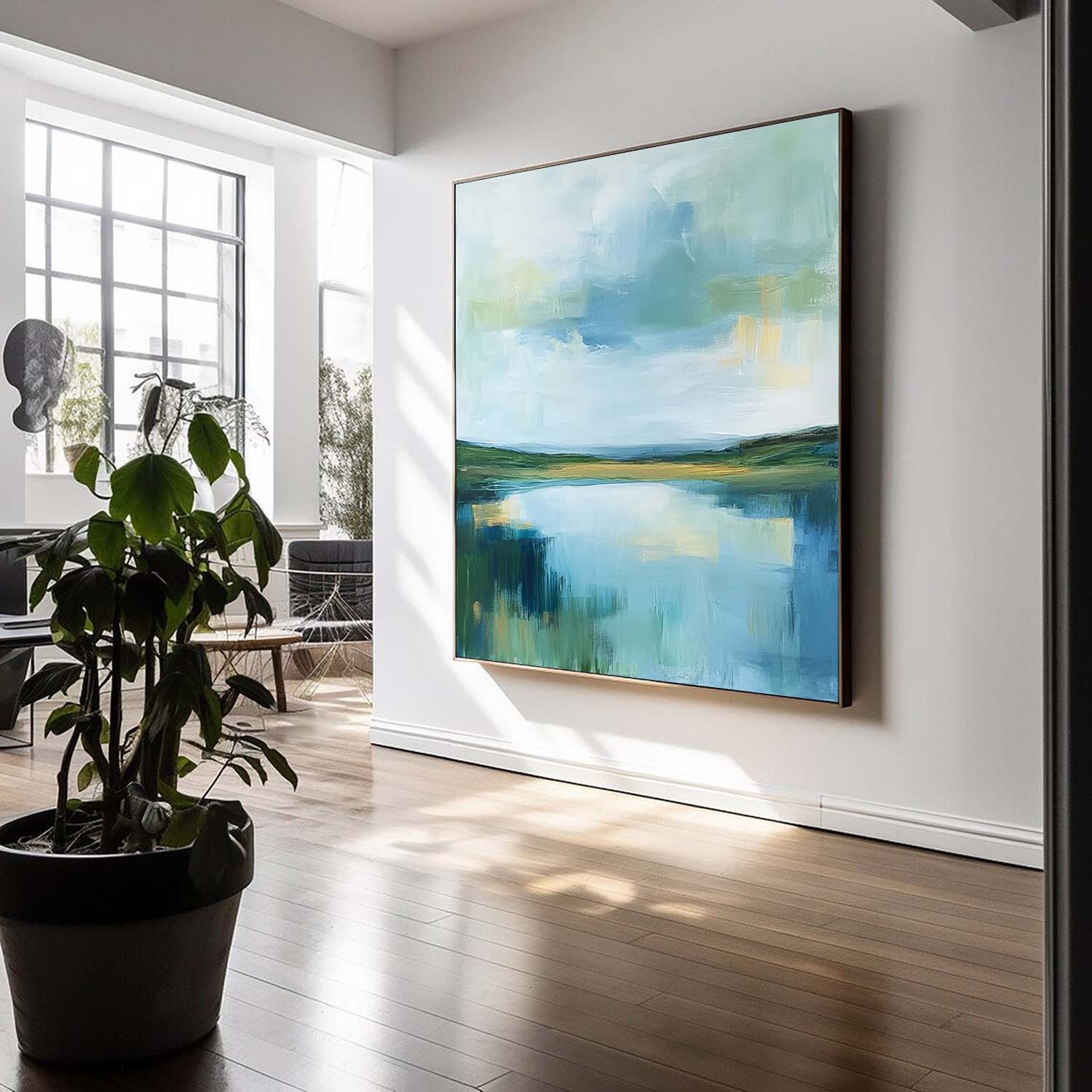 Green Countryside Landscape Artwork Large Blue Texture Wall Art Framed Abstract Lake Landscape Oil Painting