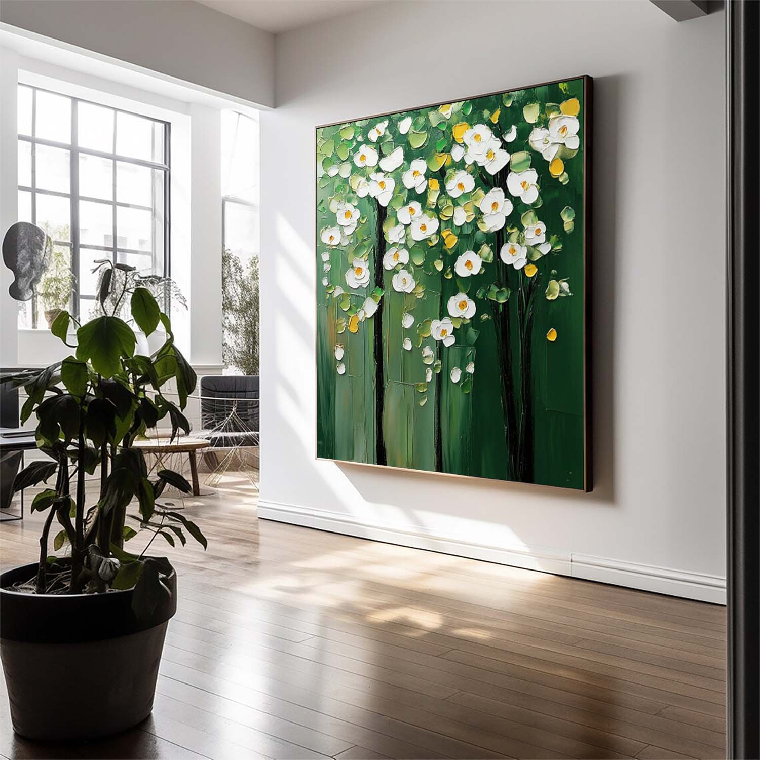 Modern White Floral Wall Art Original Green Beautifu Art Large Textured Flower Painting Framed Home Decor