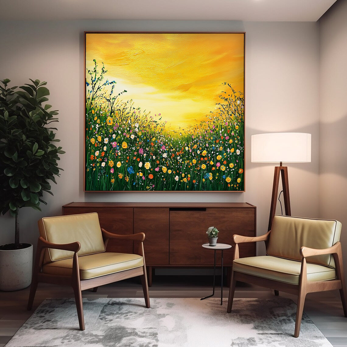 Large Textured Wall Art Floral Painting on Canvas Original Flower Bush Botanical Square Artwork