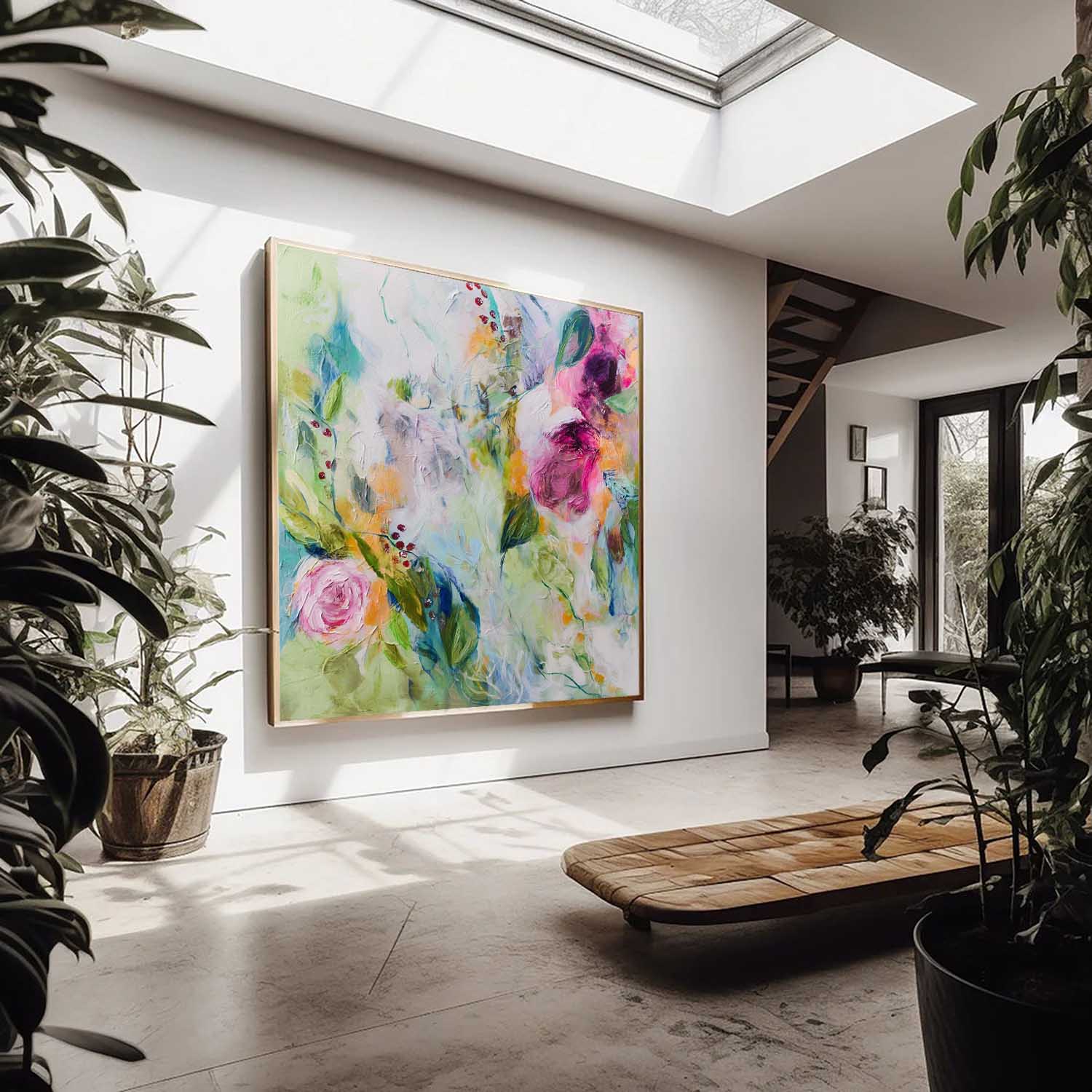 Flowers Acrylic Painting Canvas Original Floral Artwork Square Large Abstract Flowers Art For Living Room