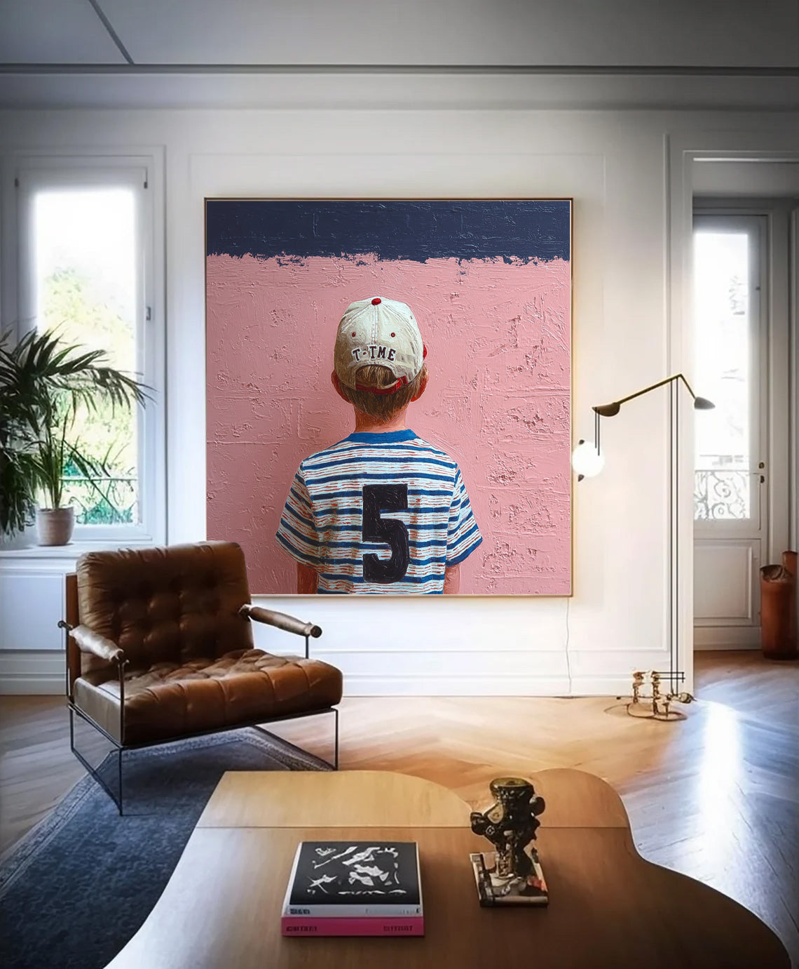 Original Pink Wall Art Minimalist Child Back view Painting Abstract Cool Boy Art For Living Room