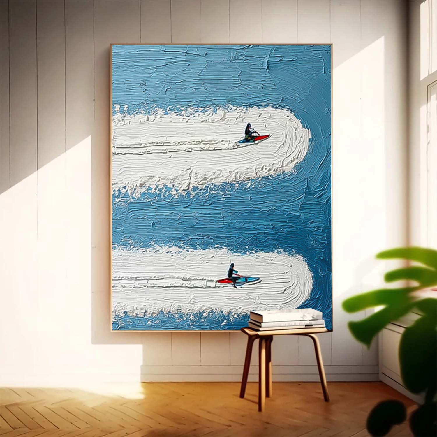 Minimalist Surfing Art Contemporary Ocean Painting Abstract Surfer Landscape Blue Ocean Wall Art Decor