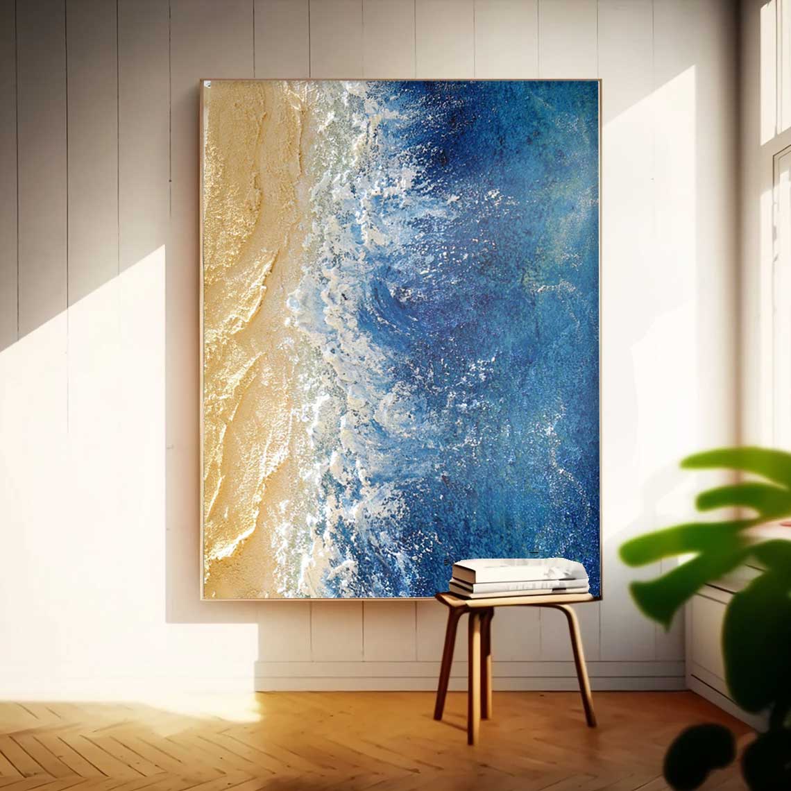 Acrylic Textured Beach And Ocean Painting Framed Large Blue Ocean Wall Art For Living Room