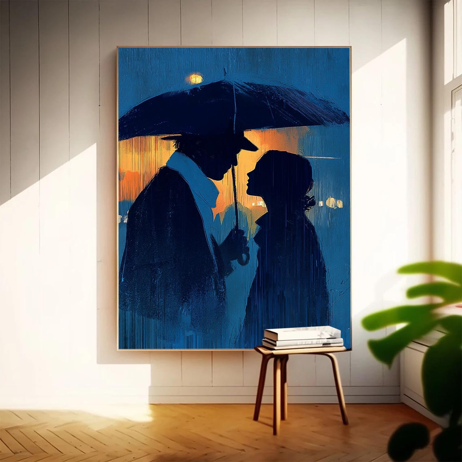 Original Couple In Rain Oil Painting Moody Blue Night Art Unique Gift For Couples Romantic Wall Art Canvas
