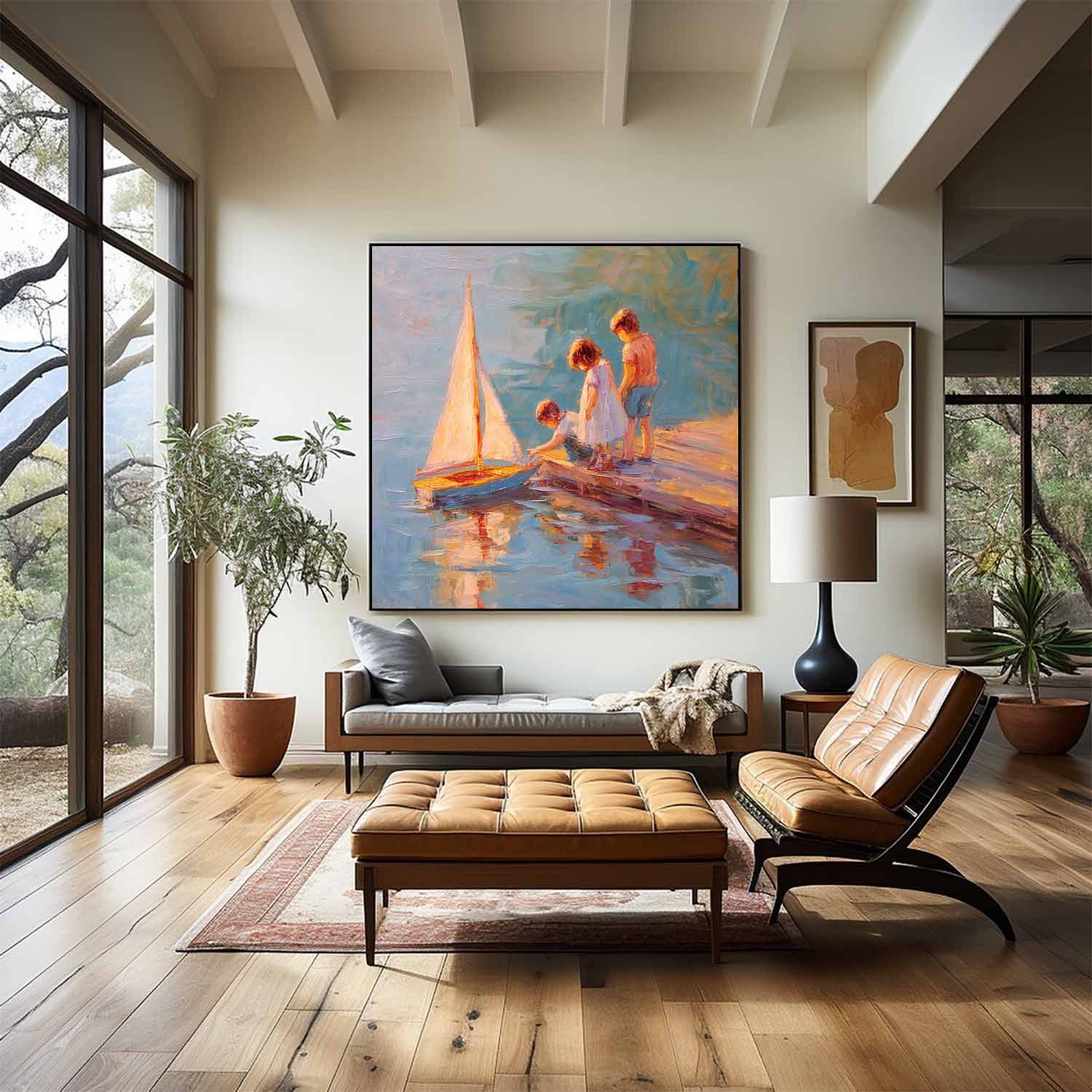 Vintage Childhood Sailboat Art Children By Lake Dock Oil Painting Warm Toned Wall Decor For Living Room