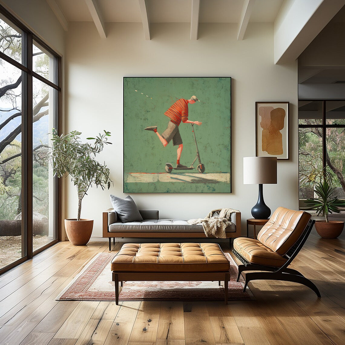 Landscape Green Wall Art Abstract Warm And Peaceful Atmosphere Minimalist Boy Riding A Scooter Painting
