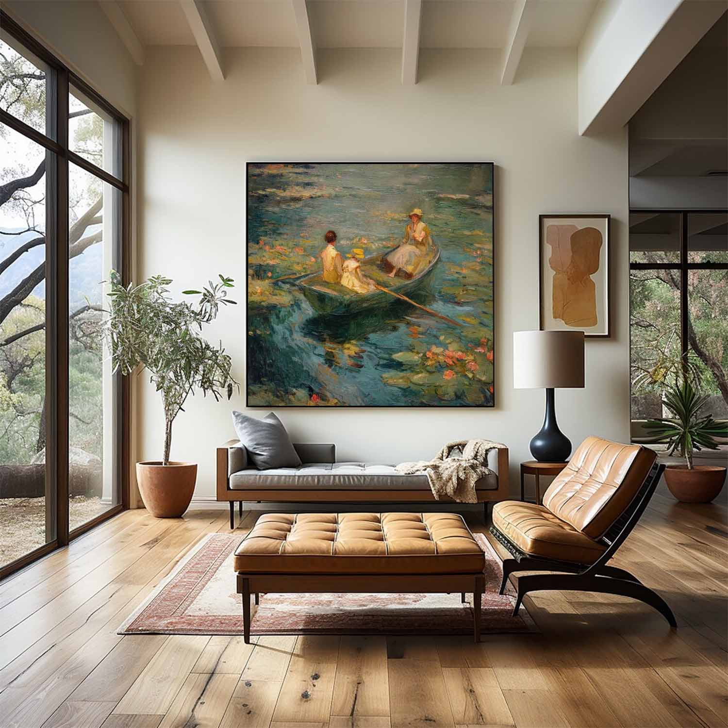 Impressionist Row Boat Water Lilies Art Serene Lake Vintage Cottagecore Painting Relaxing Idyllic Home Ambiance