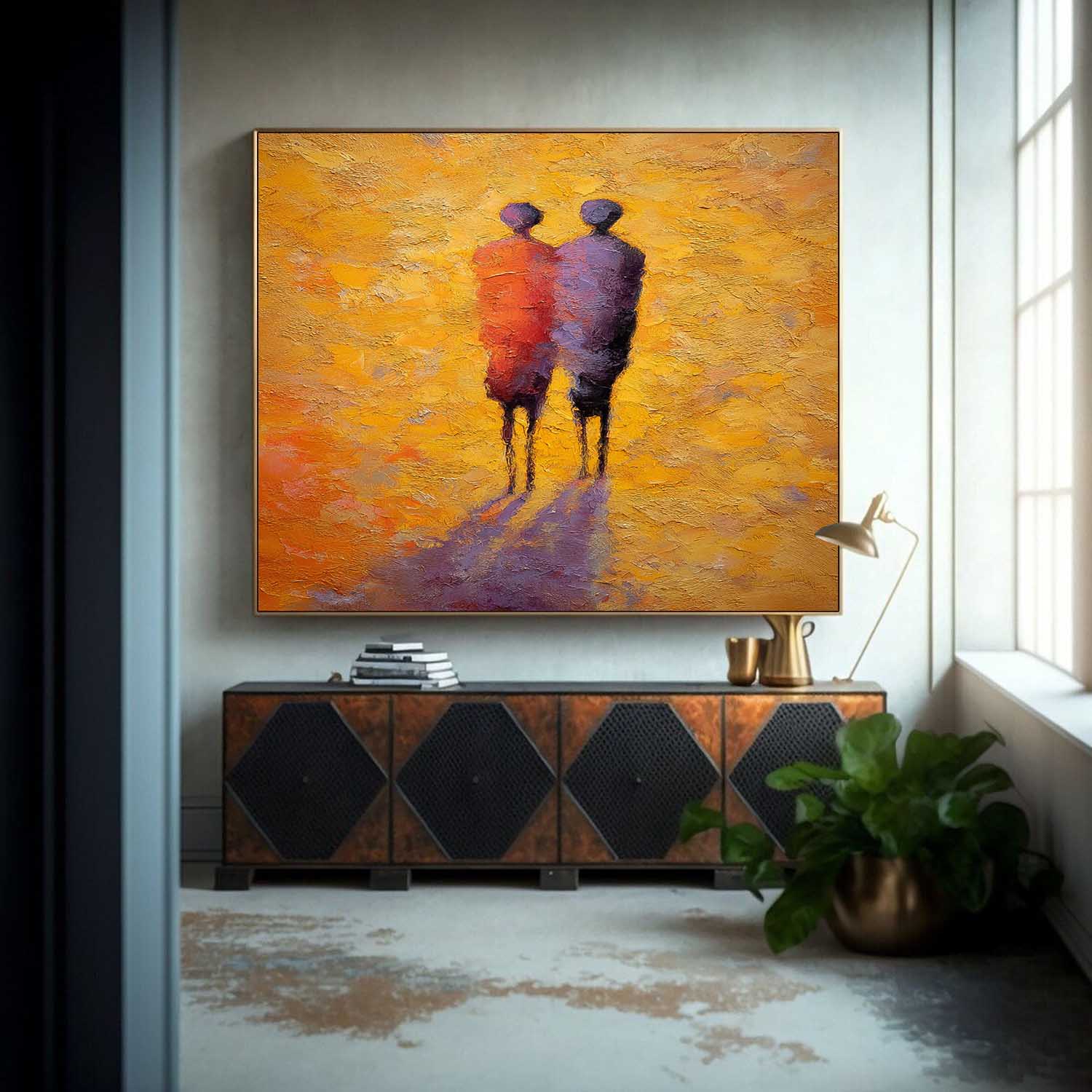 Original Two Figures Silhouette Abstract Painting Warm Tones Couple Friendship Wall Art Decor