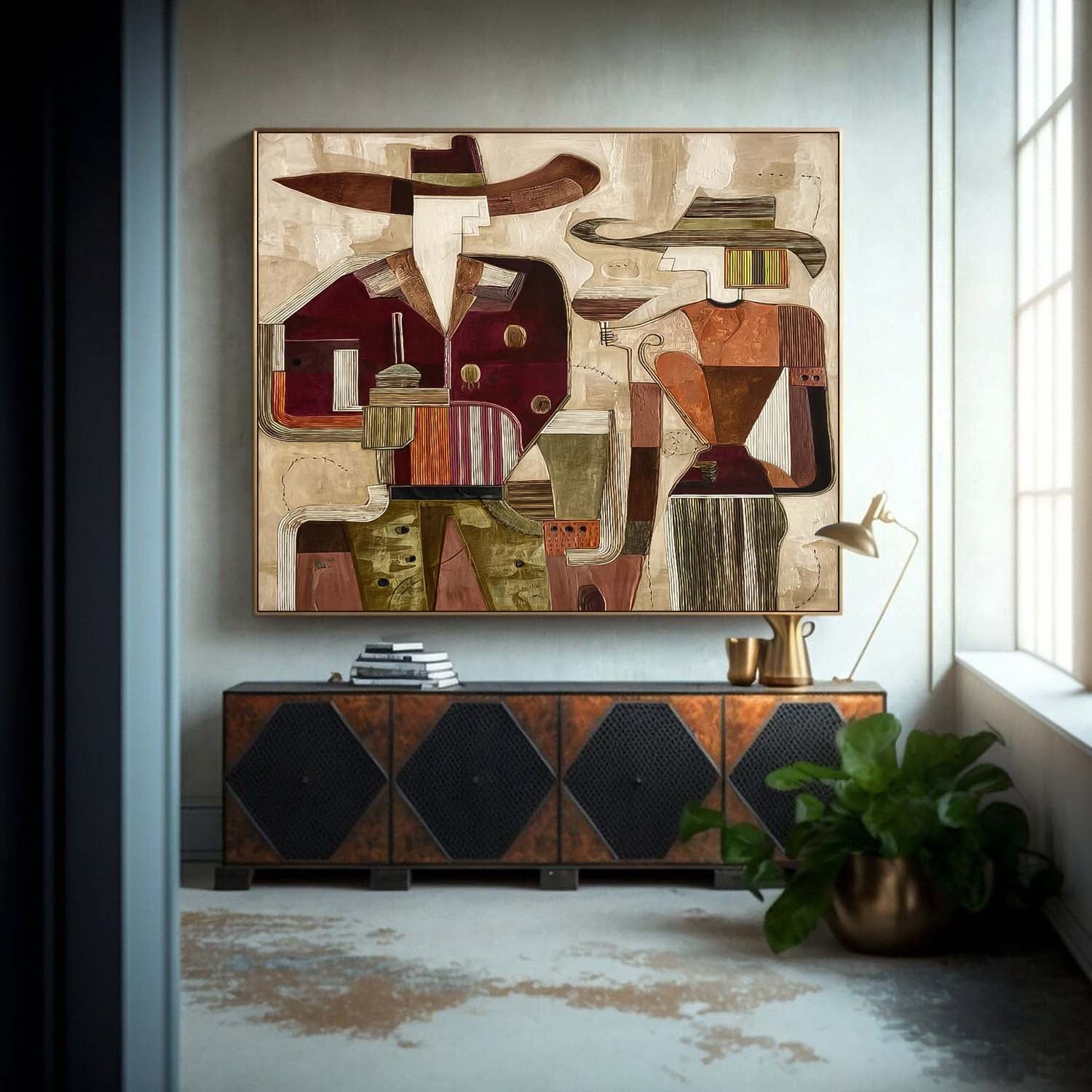 Abstract Oil Painting Modern Geometric Figure Art Vintage Tone Wall Art For Living Room Unique Canvas Artwork