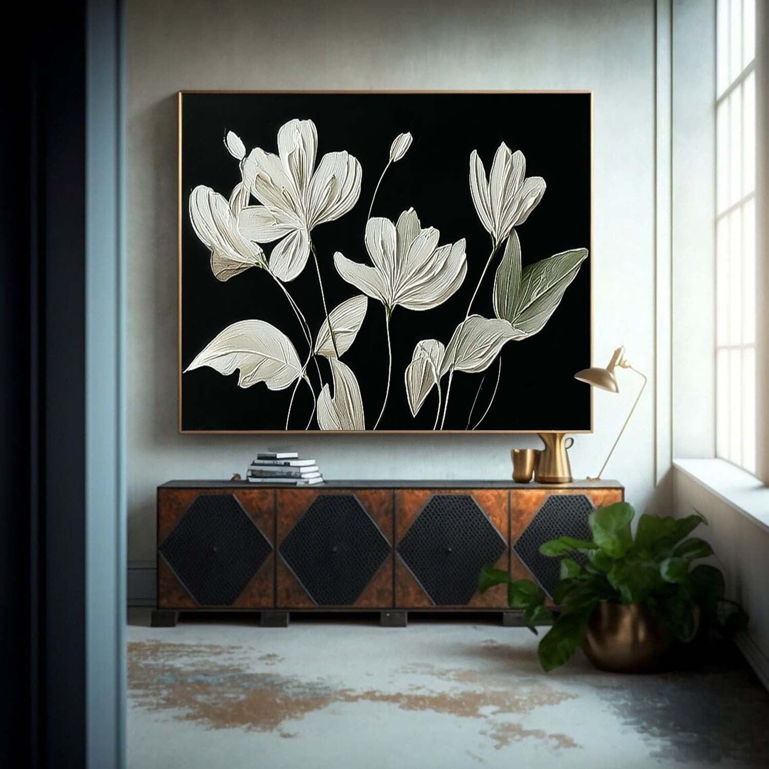 Original Black Abstract Oil Painting On Canvas Horizontal Flower Texture Artwork Home Decor Gift