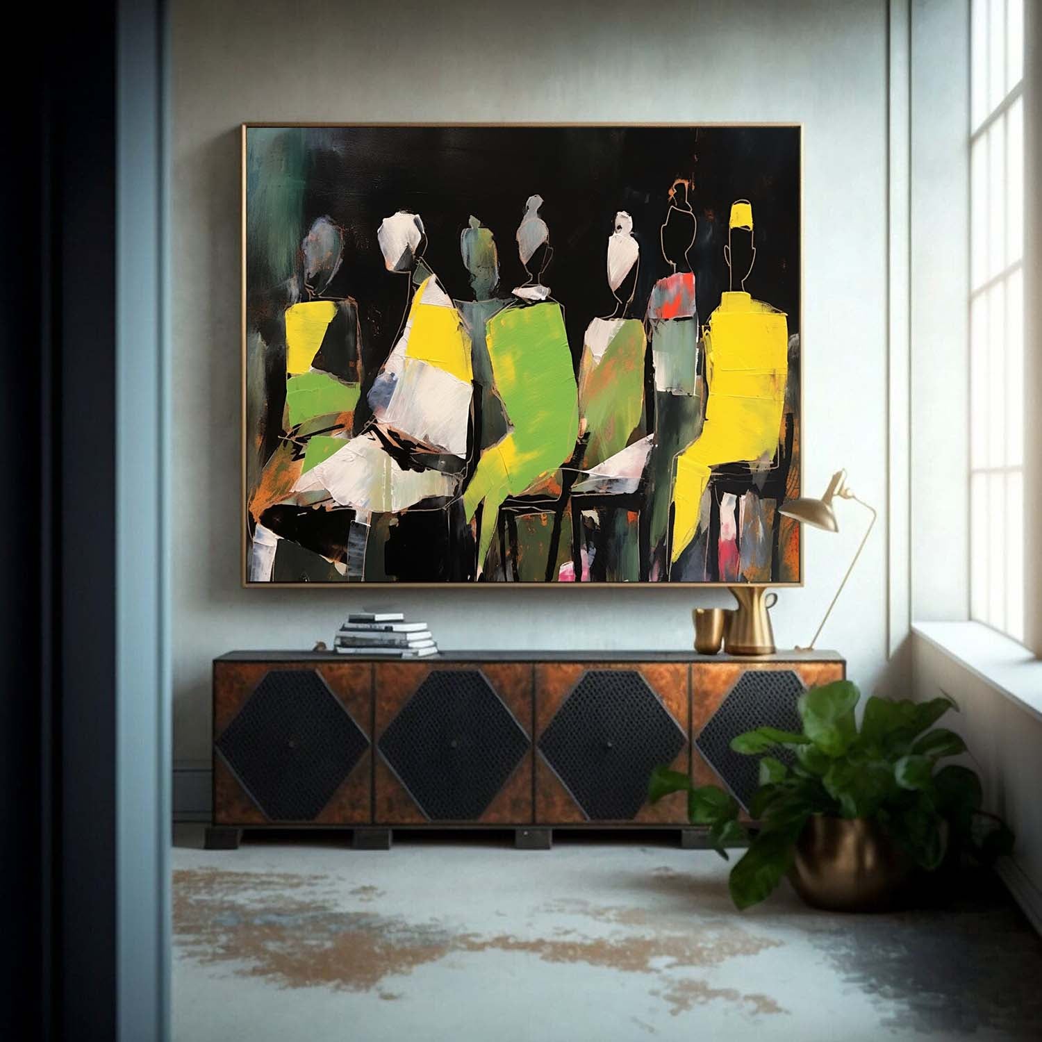 Large Modern Abstract Fluorescent Color Figure Silhouette Canvas Art Abstract People Painting Contemporary Art