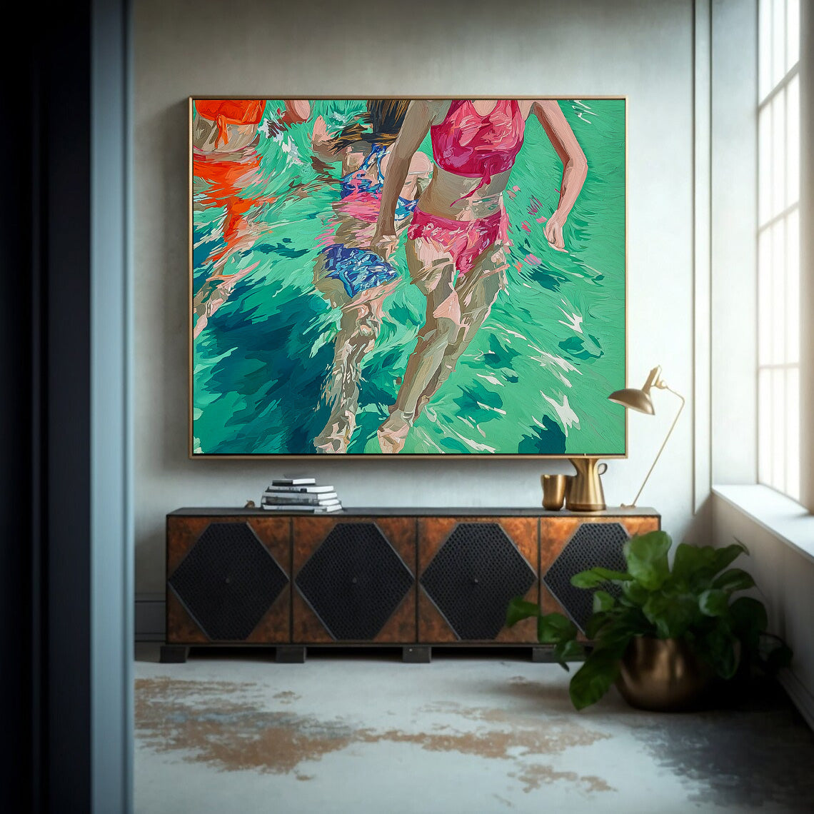 Original Girl Diving Oil Painting Diving In Ocean Sensual Woman Swimming Wall Art Abstract Colorful Artwork