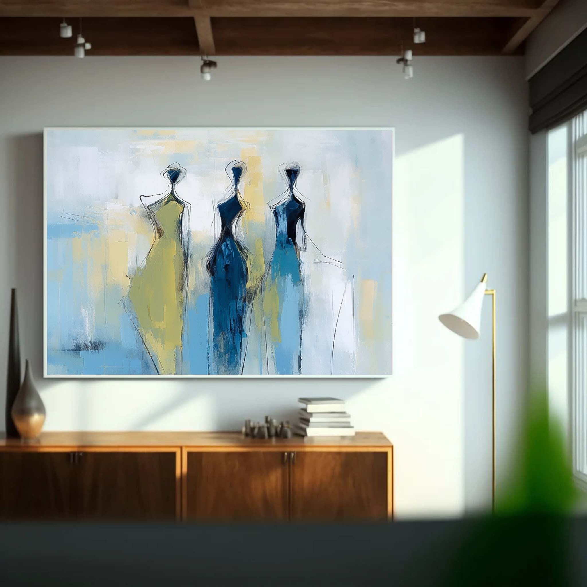 Modern Minimal Abstract Oil Painting Contemporary Gallery Wall Art Blue Figure View Of Back Home Decor