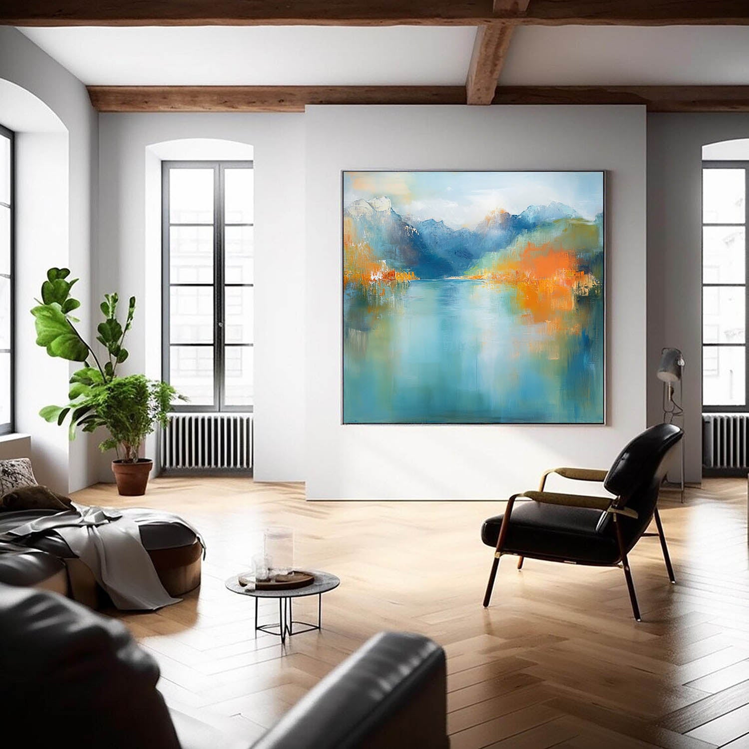 Ink Style Texture Painting Abstract Landscape Oil Painting Modern Blue Dreamscape Lake Natural Artwork