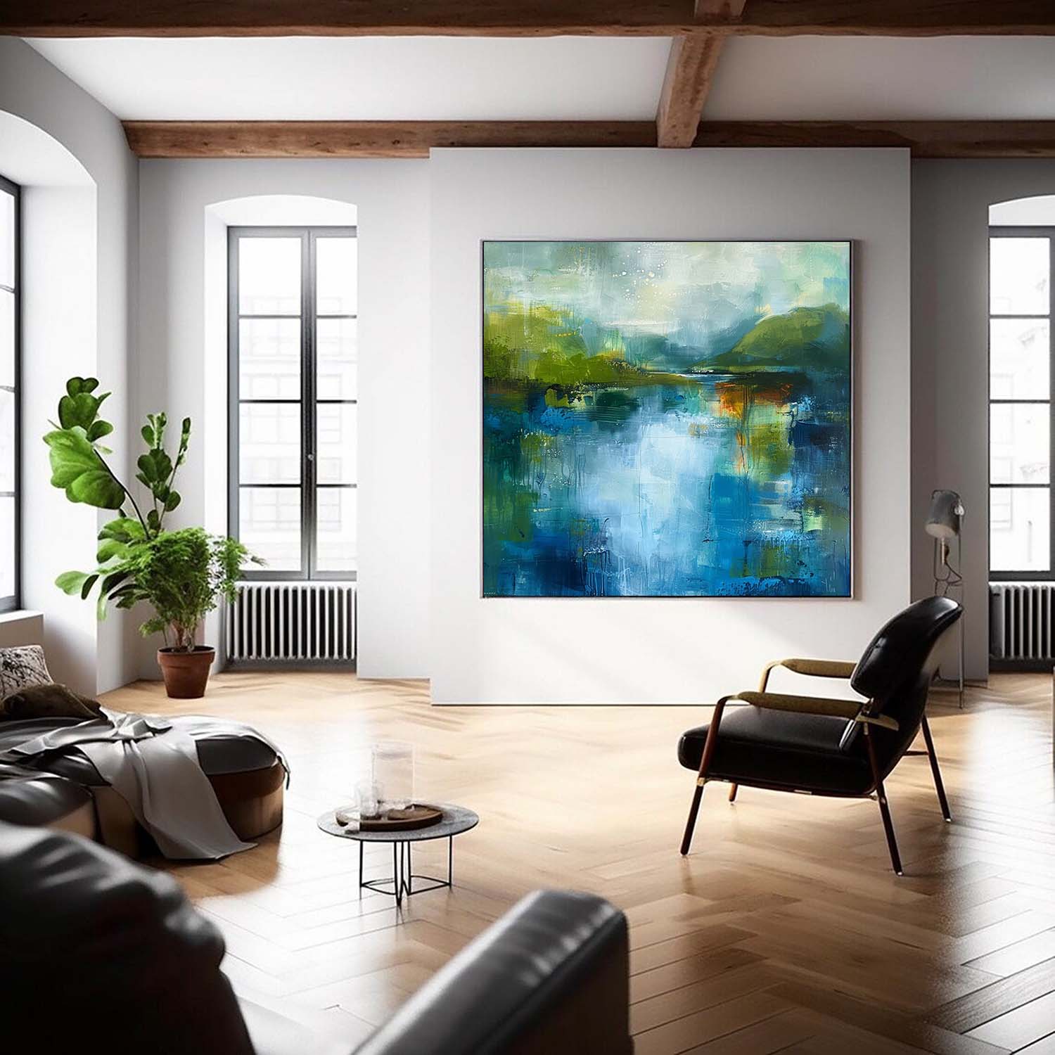 Square Modern Nature Art Large Abstract Green And Blue Oil Painting On Canvas Original Wall Art Home Decor